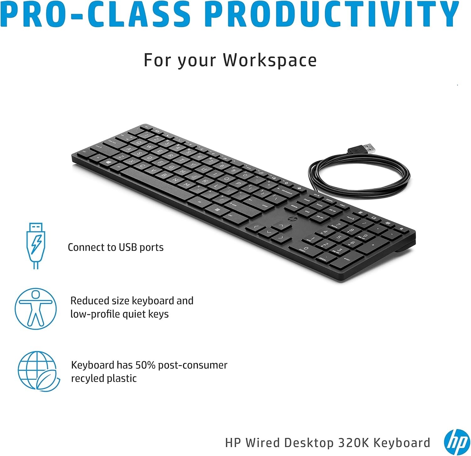 HP Smart 320K Slim Wired Keyboard Black 108 Keys USB-A HSA-C001K L96909-001