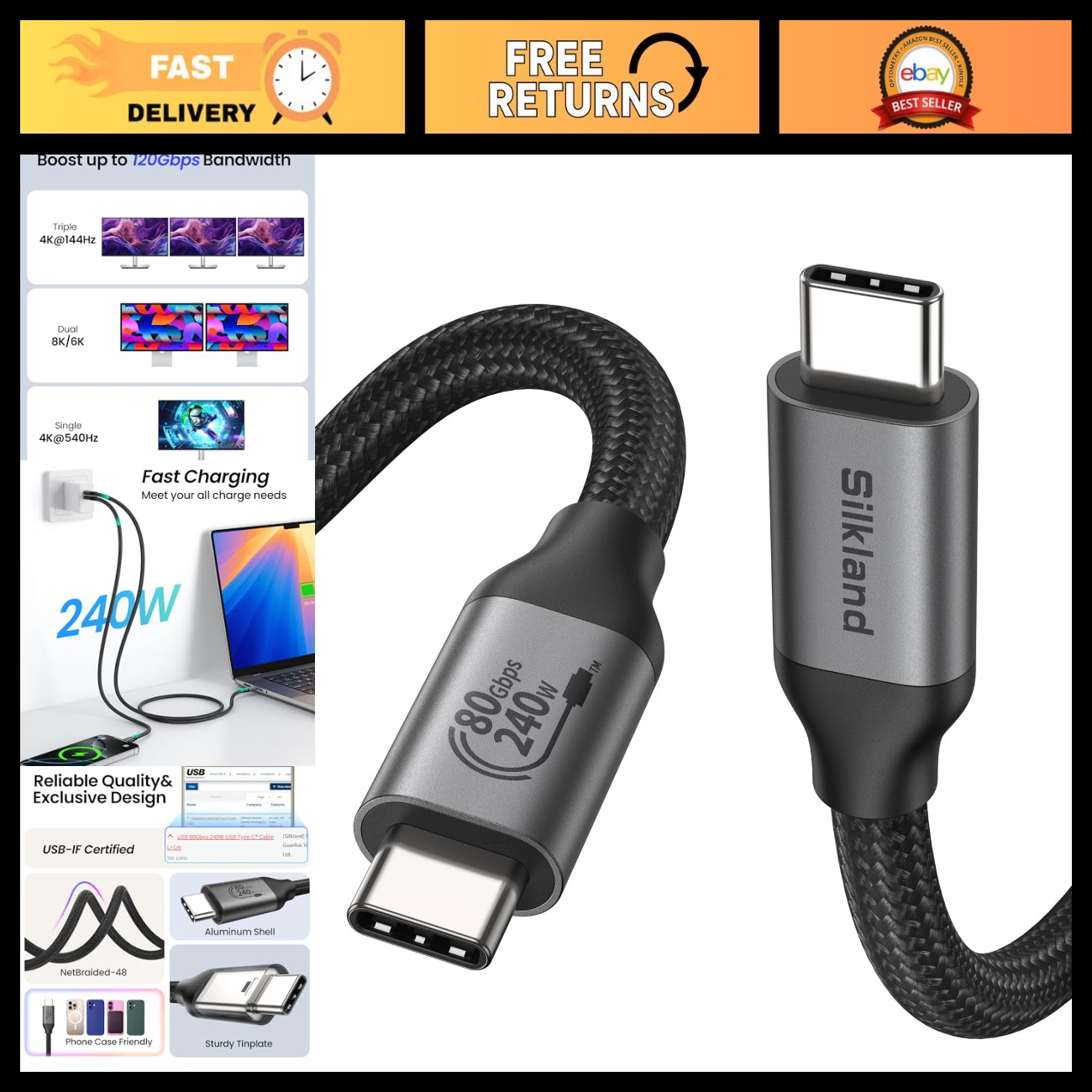 80Gbps USB4 Thunderbolt 5 Cable 3.3FT - High-Speed 120Gbps Bandwidth, 240W Power
