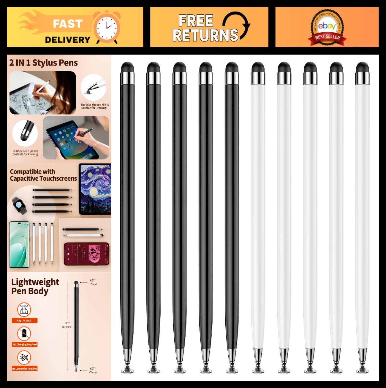 10PCS 2-in-1 Stylus Pens for Touchscreens | Lightweight, Ideal for iPad, iPhone,