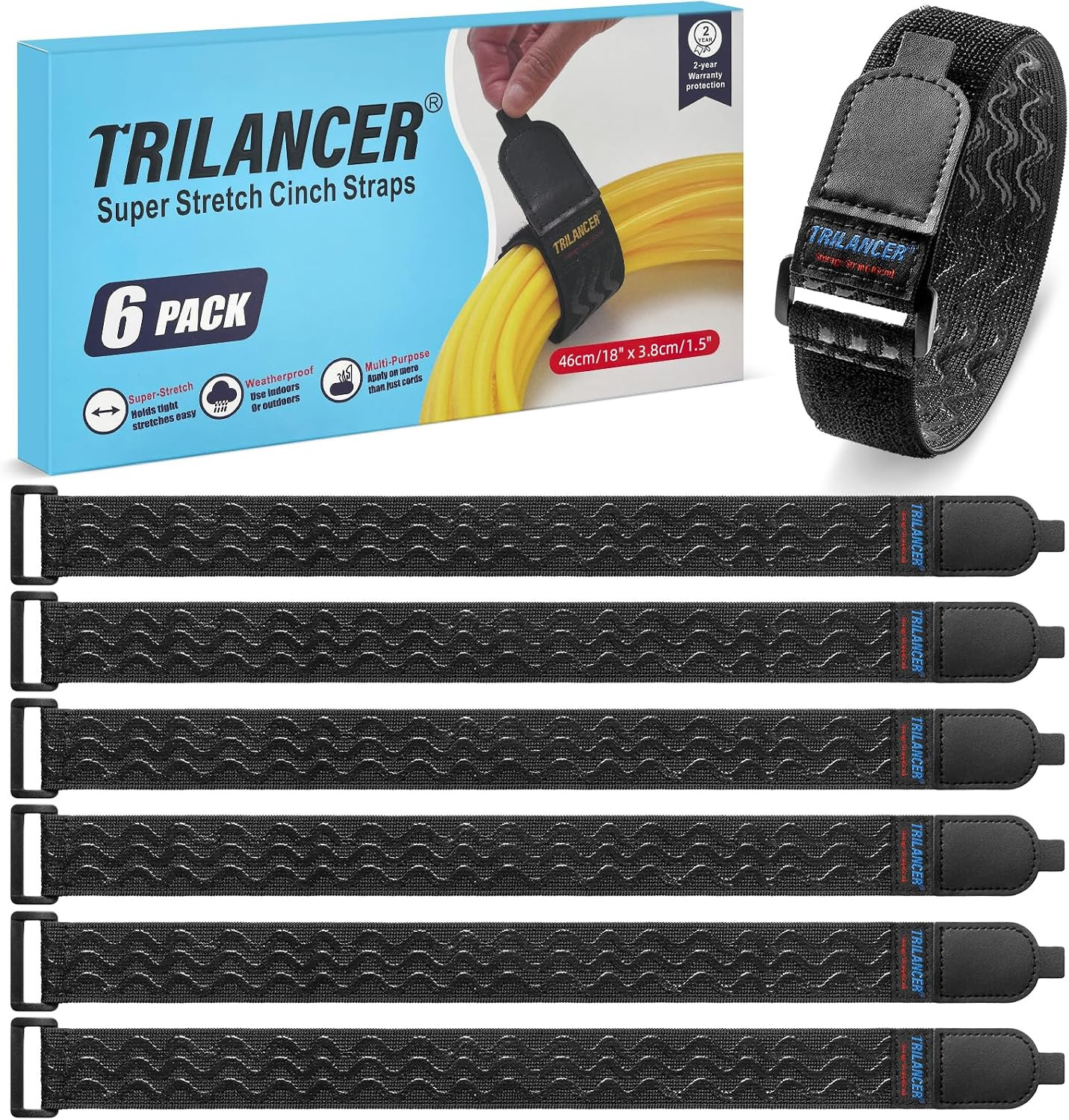 Trilancer Elastic Cinch Straps with Anti-Slip Strips, 18'' X 1.5'' (6 Pack)