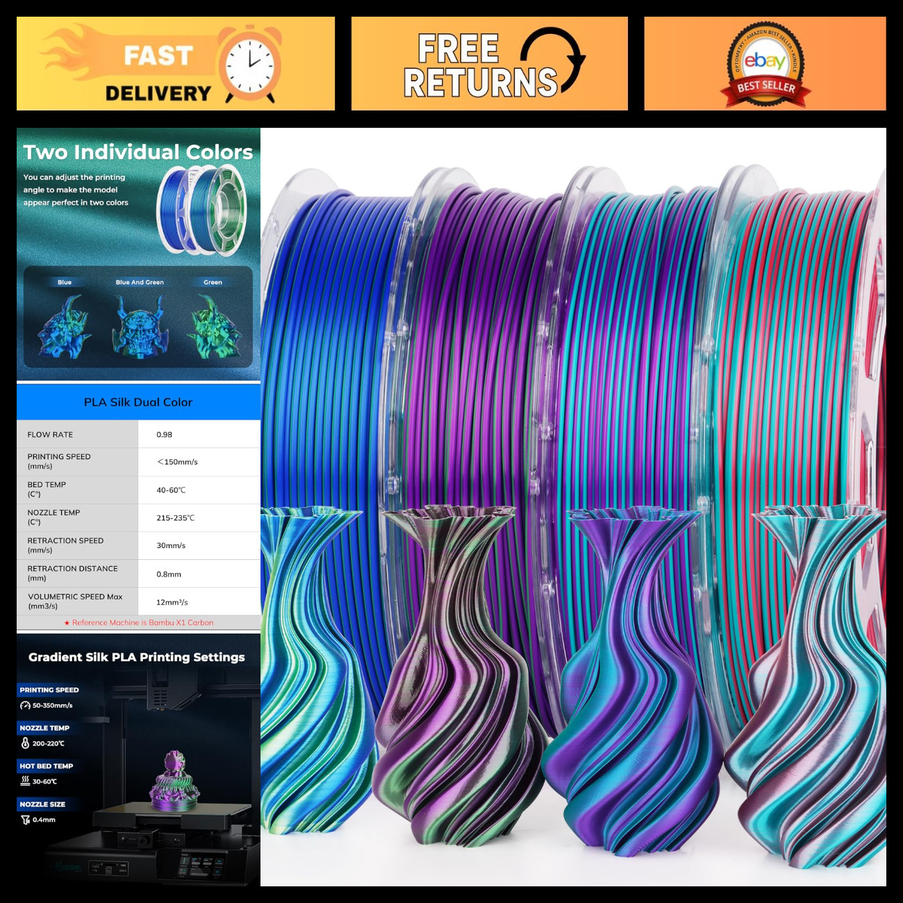 Dual Color Silk PLA 3D Printer Filament Bundle 1.75mm, 200g x4 - High Quality Pr