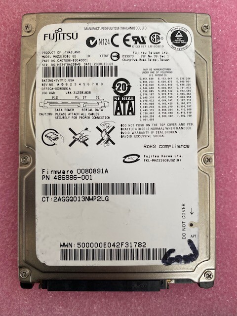 Fujitsu 160GB MHZ2160BJ G2 7.2K RPM 8MB Cache SATA 3.0Gb/s 2.5" Hard Drive