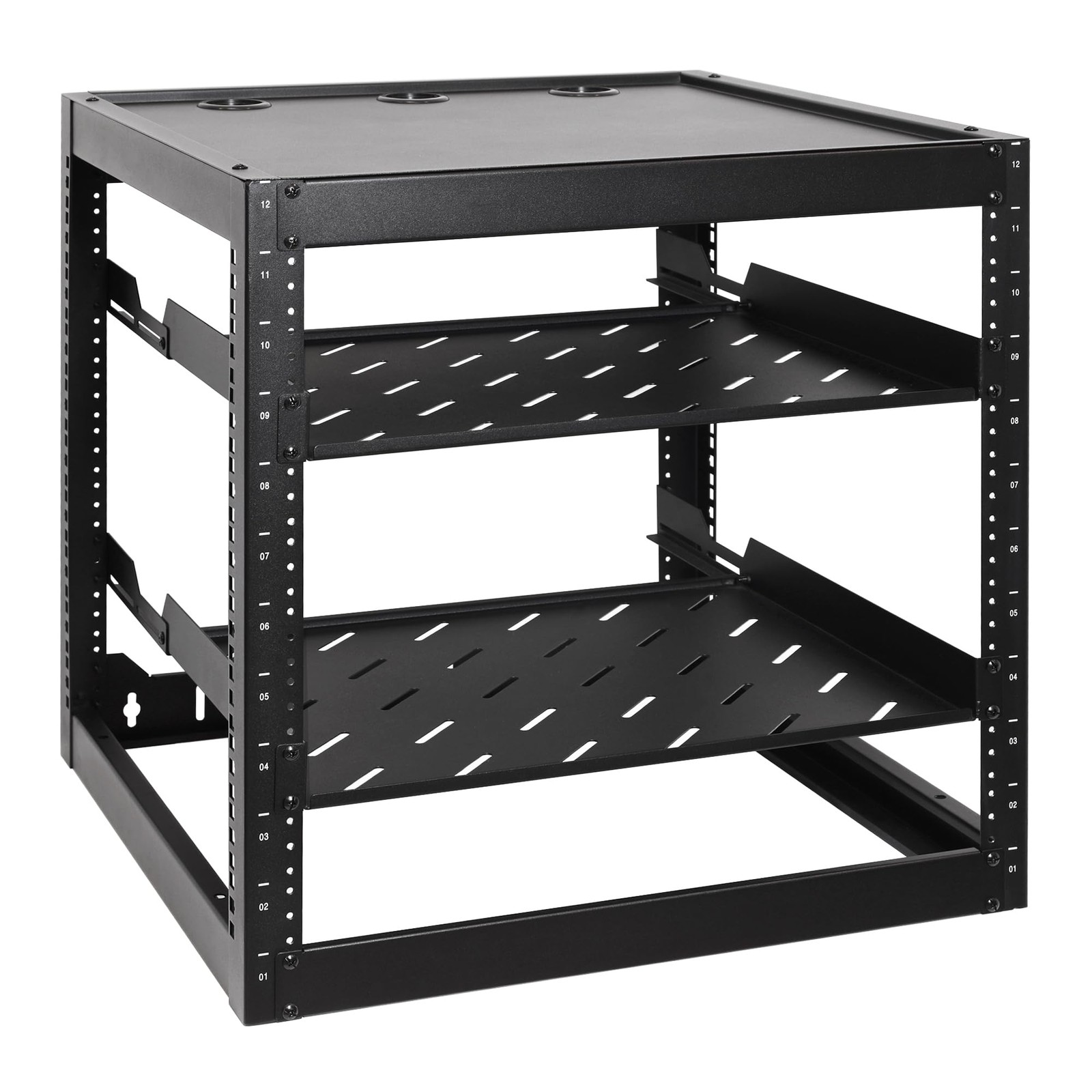 12U Open Frame Network Rack with 2X 14in Vented 1U Shelves Rear , Wall Mount/...