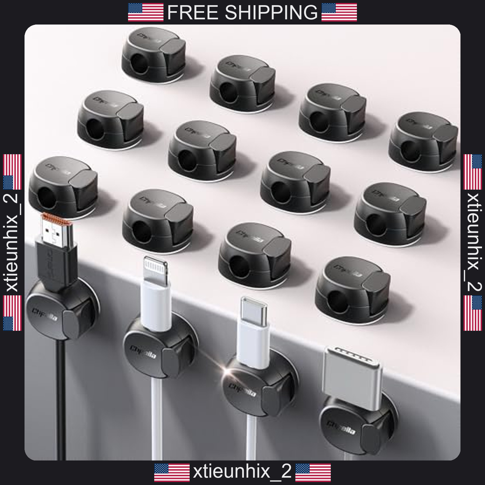 Cable Organizer Clips 16 Pack, Dual Spring & Clasp, Strong Adhesive, Black
