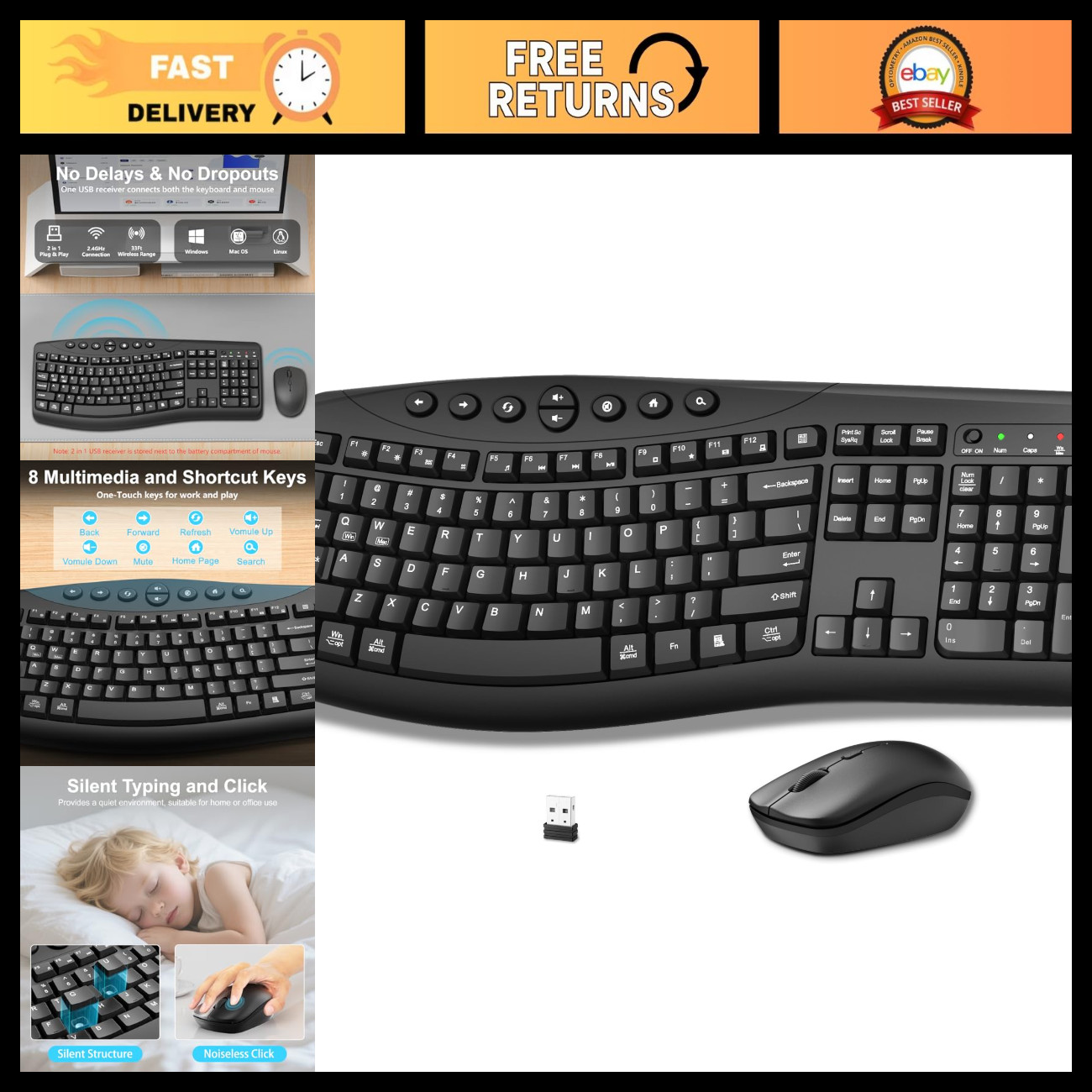 Ergonomic Wireless Keyboard & Mouse Combo, 2.4G Quiet Curved Keys - Black
