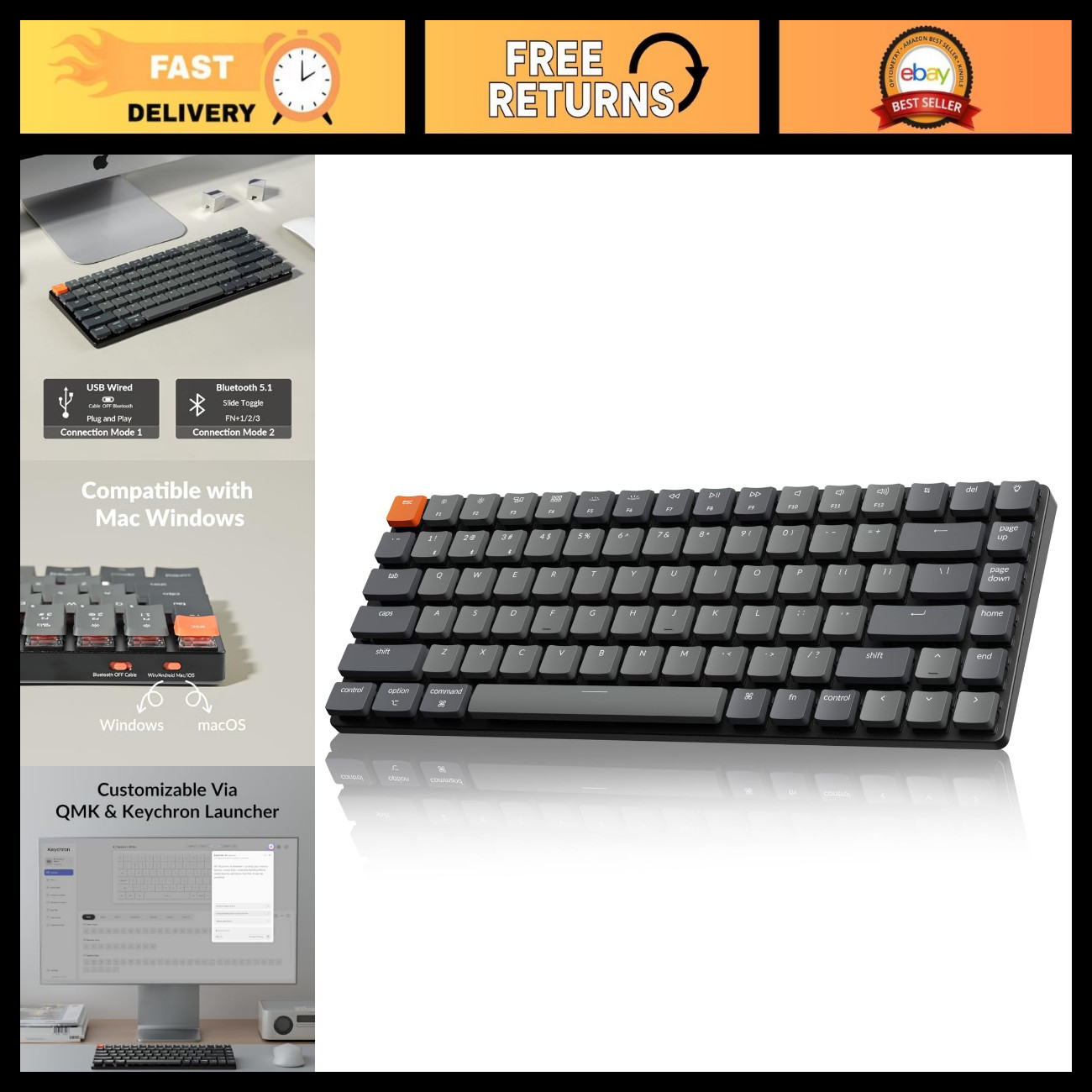 Wireless Low-Profile Mechanical Keyboard 75% Layout, QMK, Compact Design, RGB