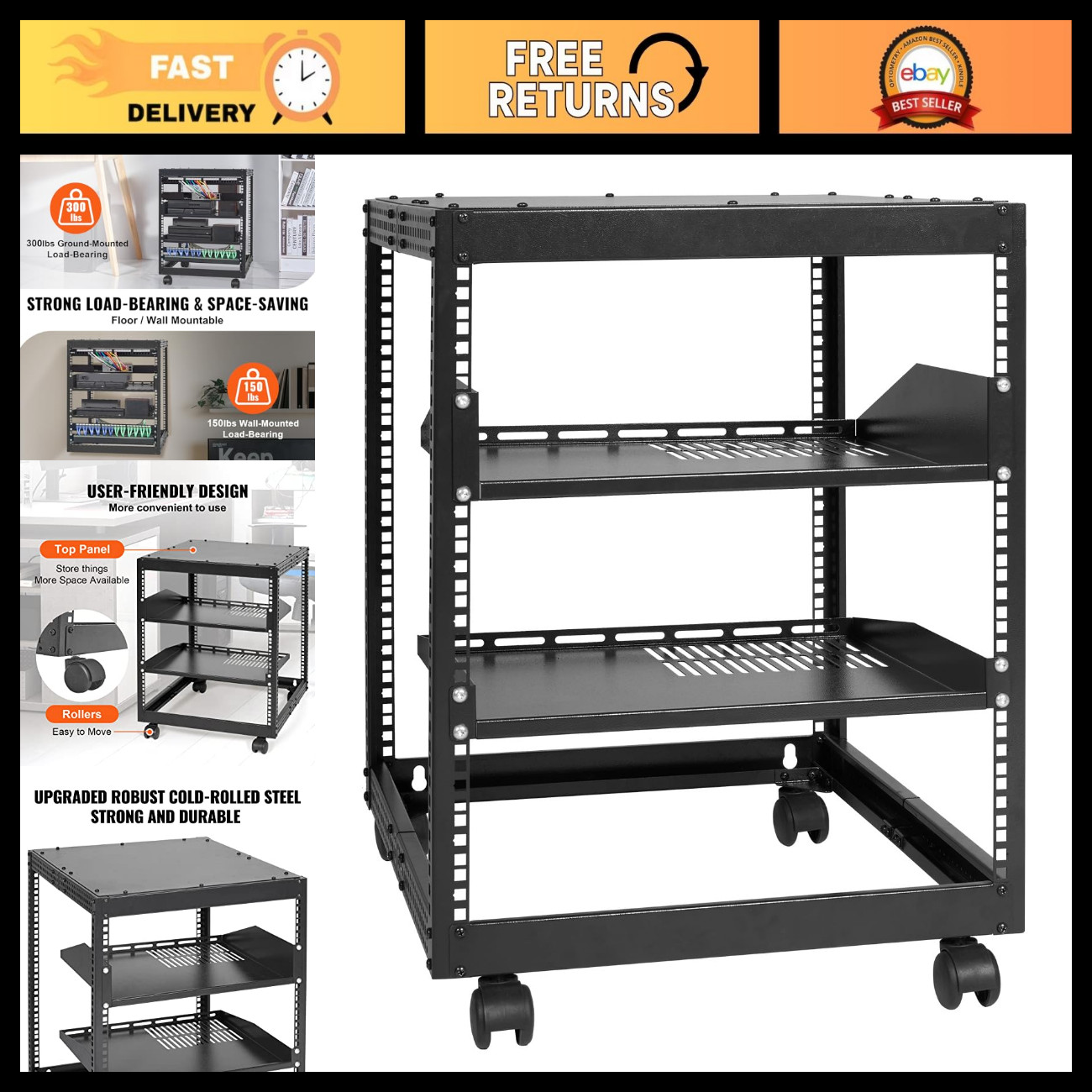 12U Open Frame Server Rack - Adjustable Depth 23-40in, Free Standing/Wall Mount,