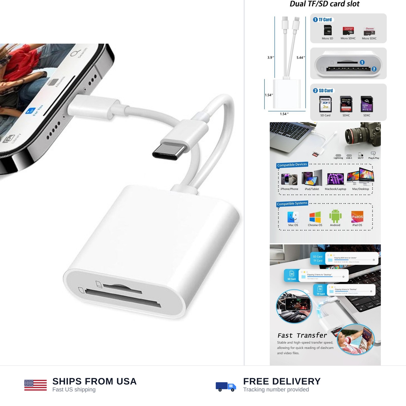 SD Card Reader USB-C Lightning for iPhone iPad Samsung Android Dual Port