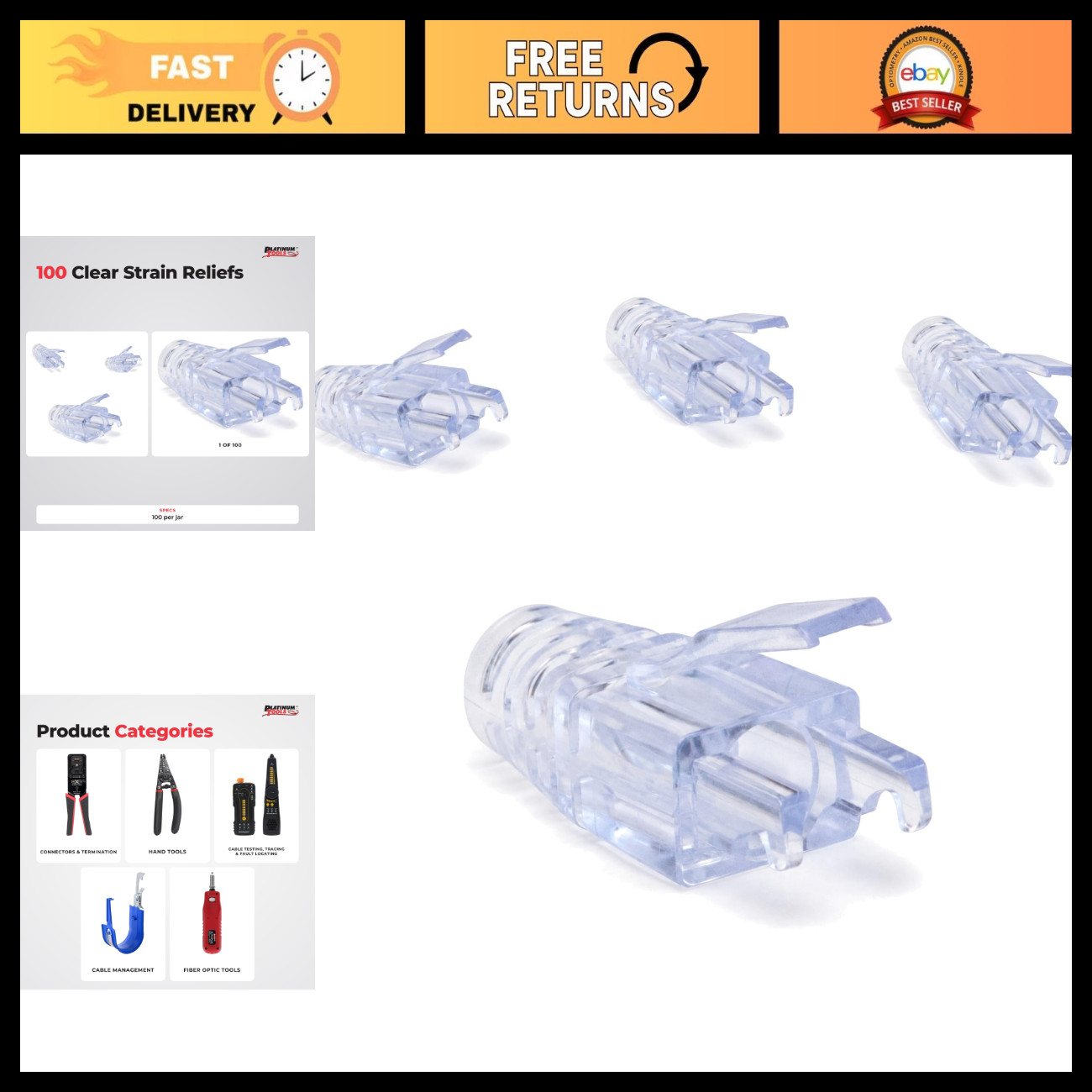EZ-RJ45 Cat6 Strain Relief Connectors - 100 Pack, Clear, for Networking & DIY