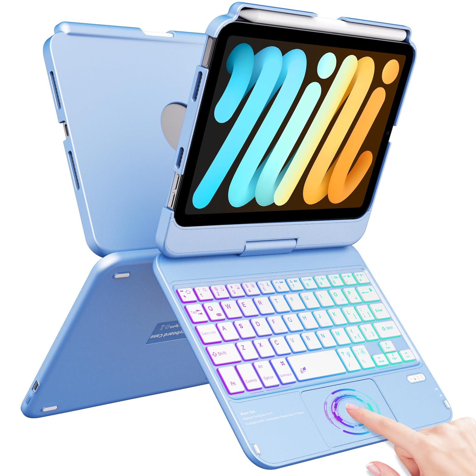 FUWANG Touch Keyboard Case for iPad mini 7/6 8.3-inch, 360° Rotating, Blue