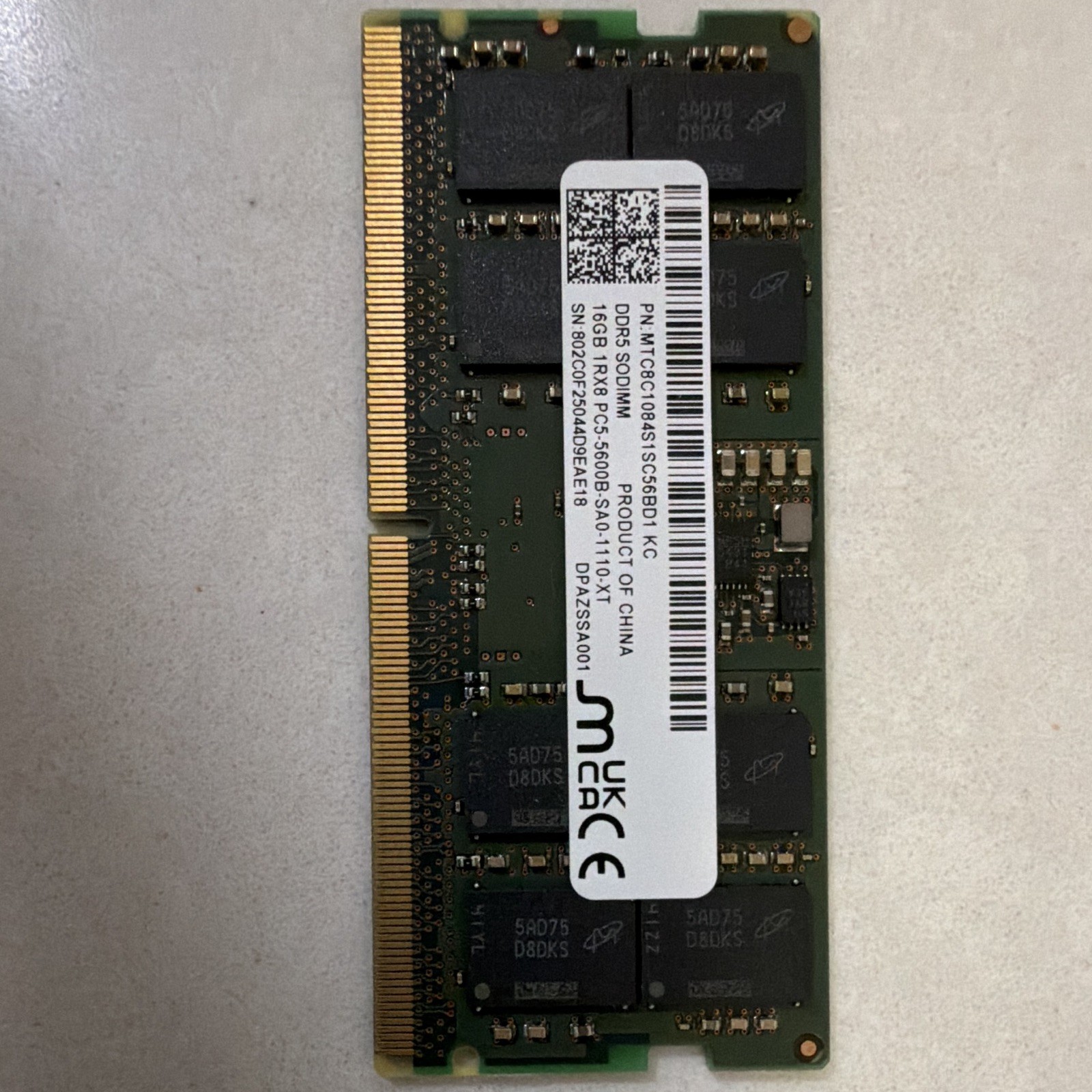 Micron 16GB DDR5 SO-DIMM PC5-5600B 262-Pin Non-ECC RAM MTC8C1084S1SC56BD1