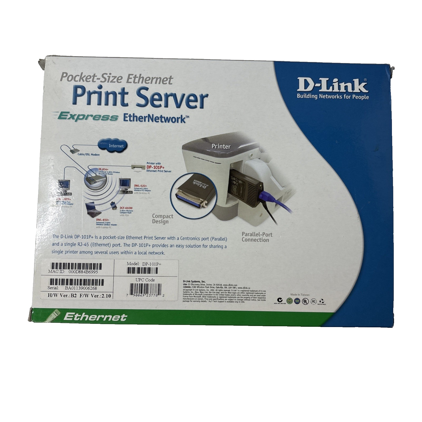 D-Link DP-101P+ Pocket Ethernet Print Server Open Box