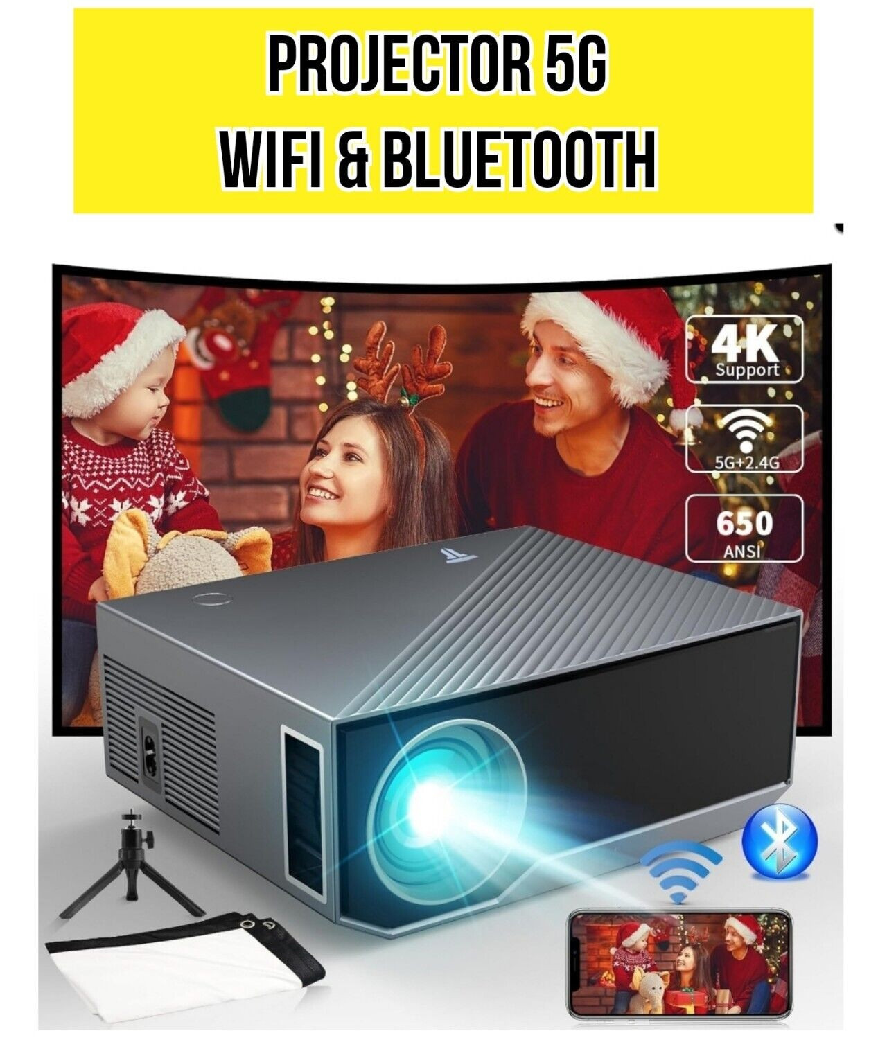 Portable Mini Outdoor Projector 4k,5G WiFi/Bluetooth Native 1080p HDMI,VGA,USB