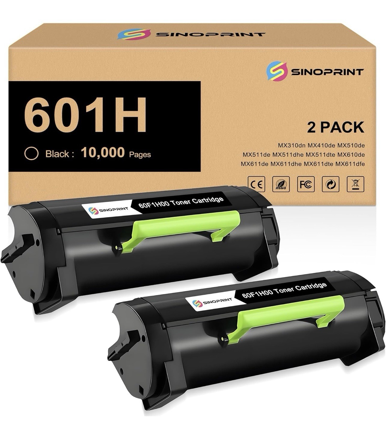 60F1H00 2 Pack for Lexmark 601H Compatible Black Toner Cartridge MX Series