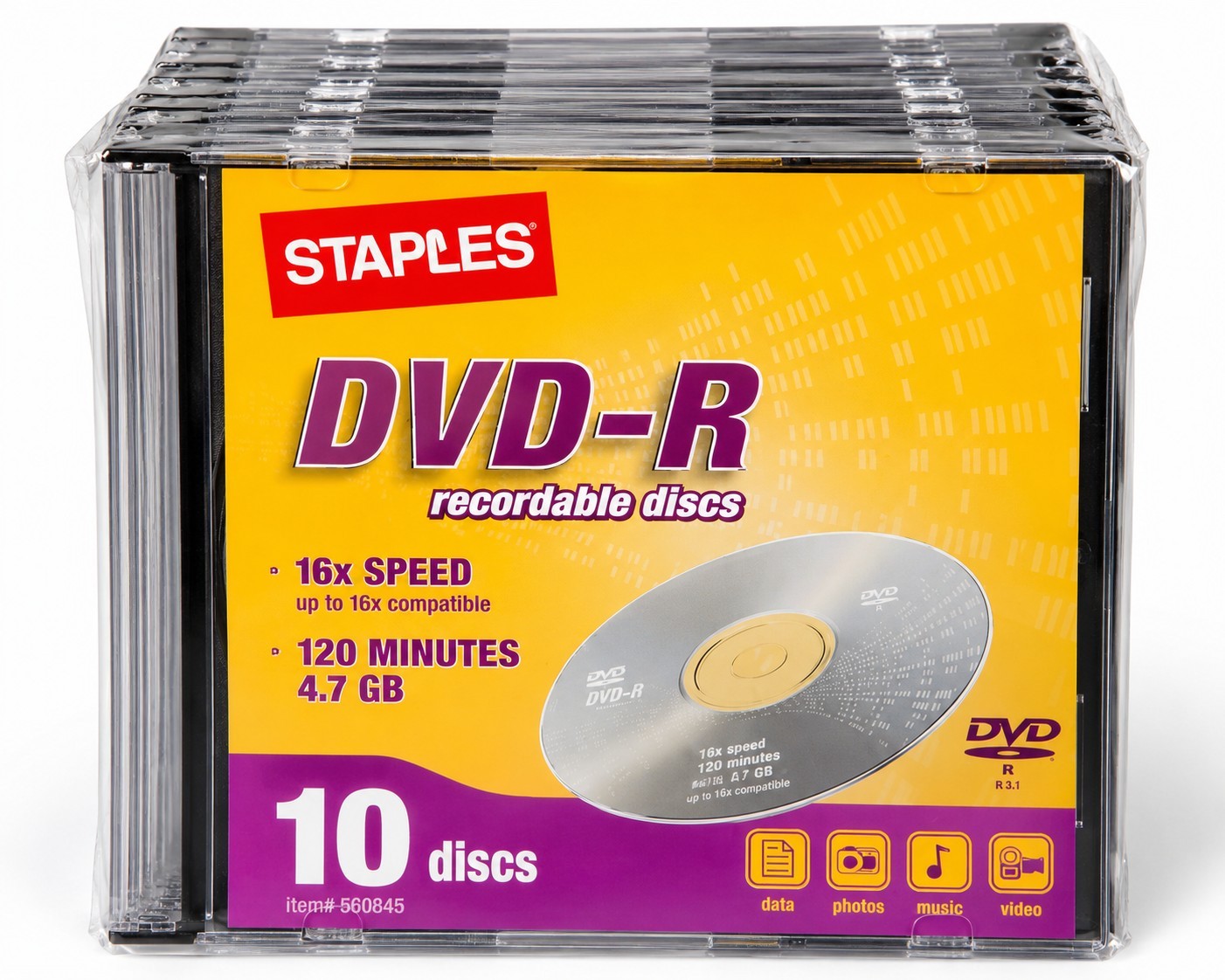 Staples DVD-R 10 Pack Blank Recordable Discs 4.7GB 16x 120 Min New Jewel Cases