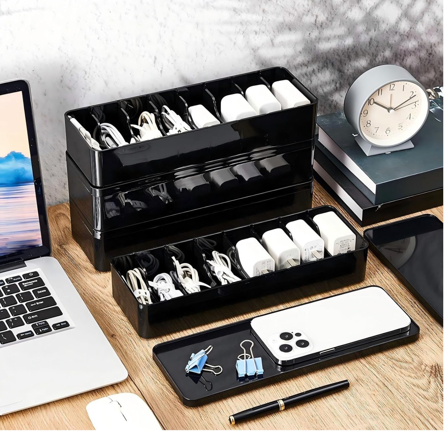 4 Pcs Cable Organizer Box with Wire Ties Plastic Cord Storage Box with Lid