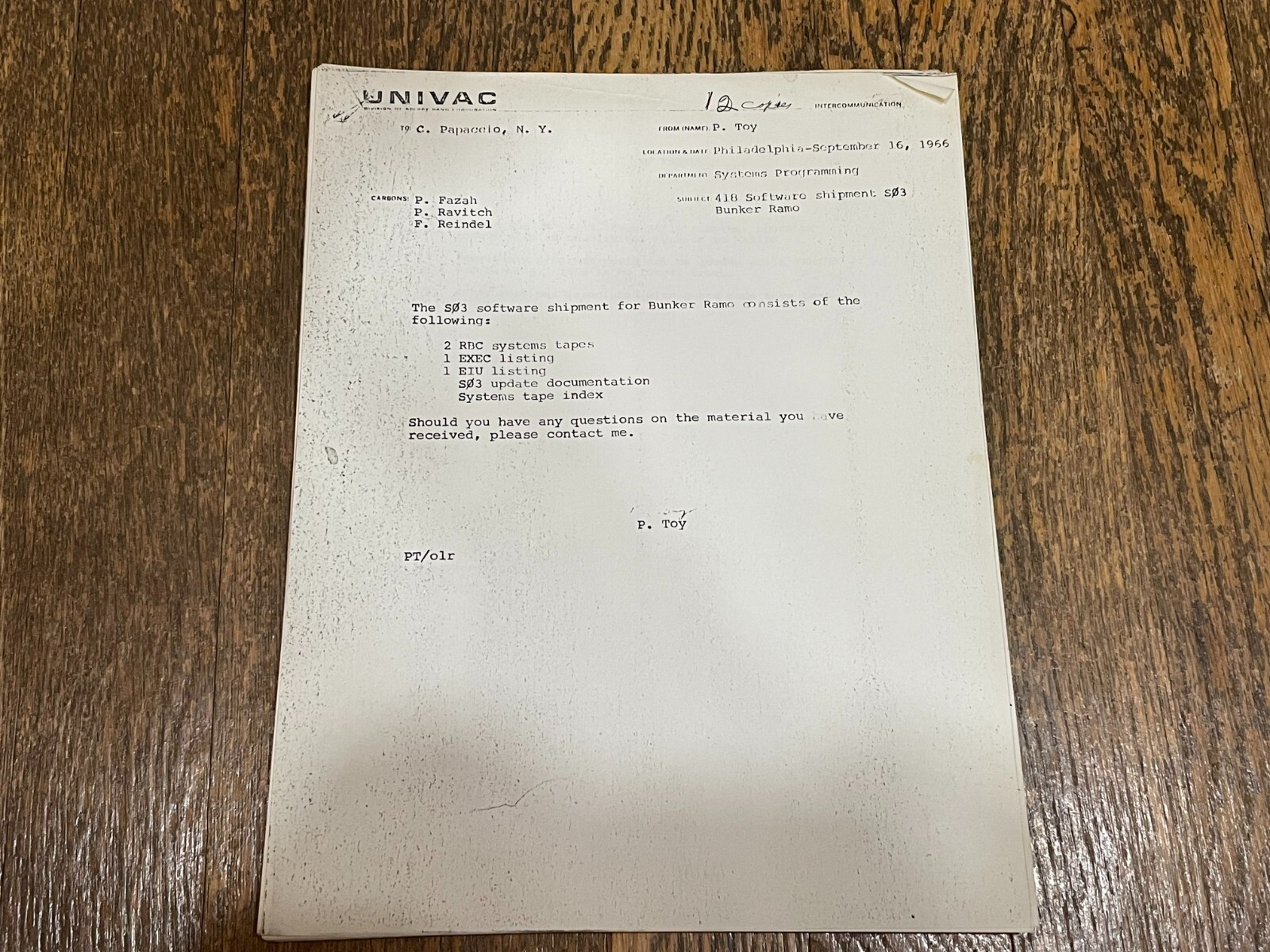 UNIVAC 1966 Sperry Rand Internal Memo SO3 Bunker Ramo Software Shipment Vintage
