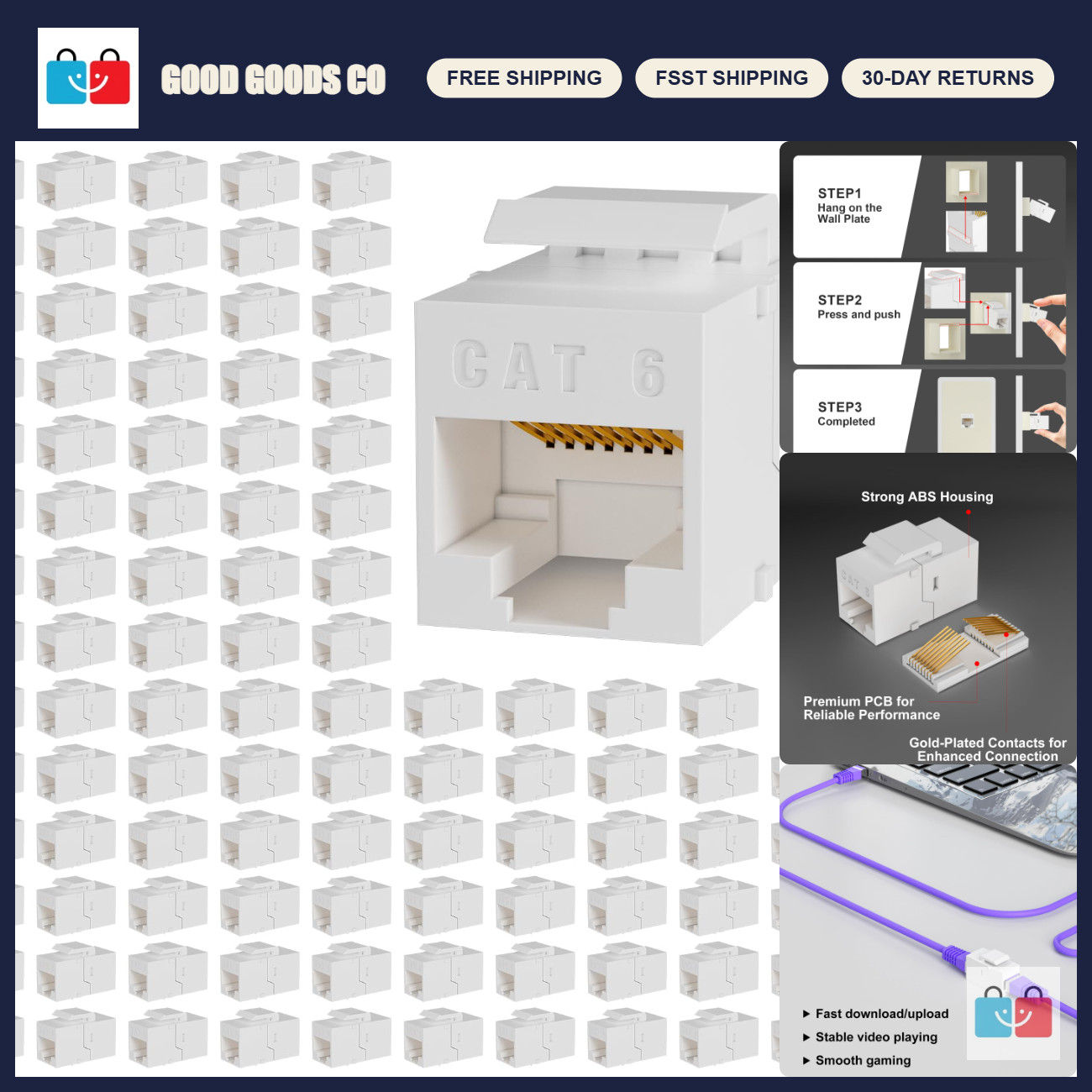 Cat6 Keystone Coupler RJ45, 100-Pack, White, Network Adapter, Ethernet Connector