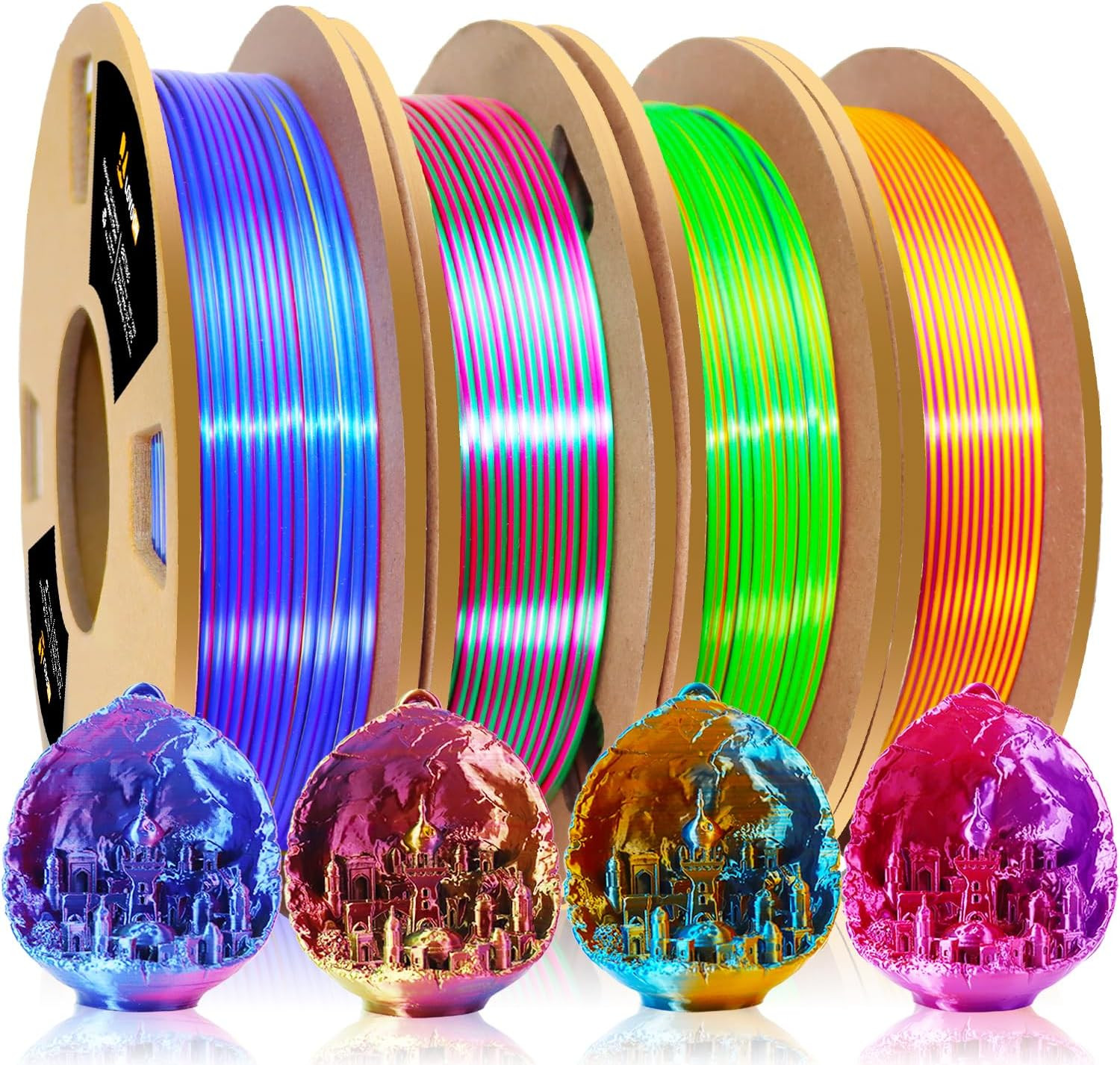 3D Printer Filament Bundle, Silk PLA Multicolor Filament, 200G X 4