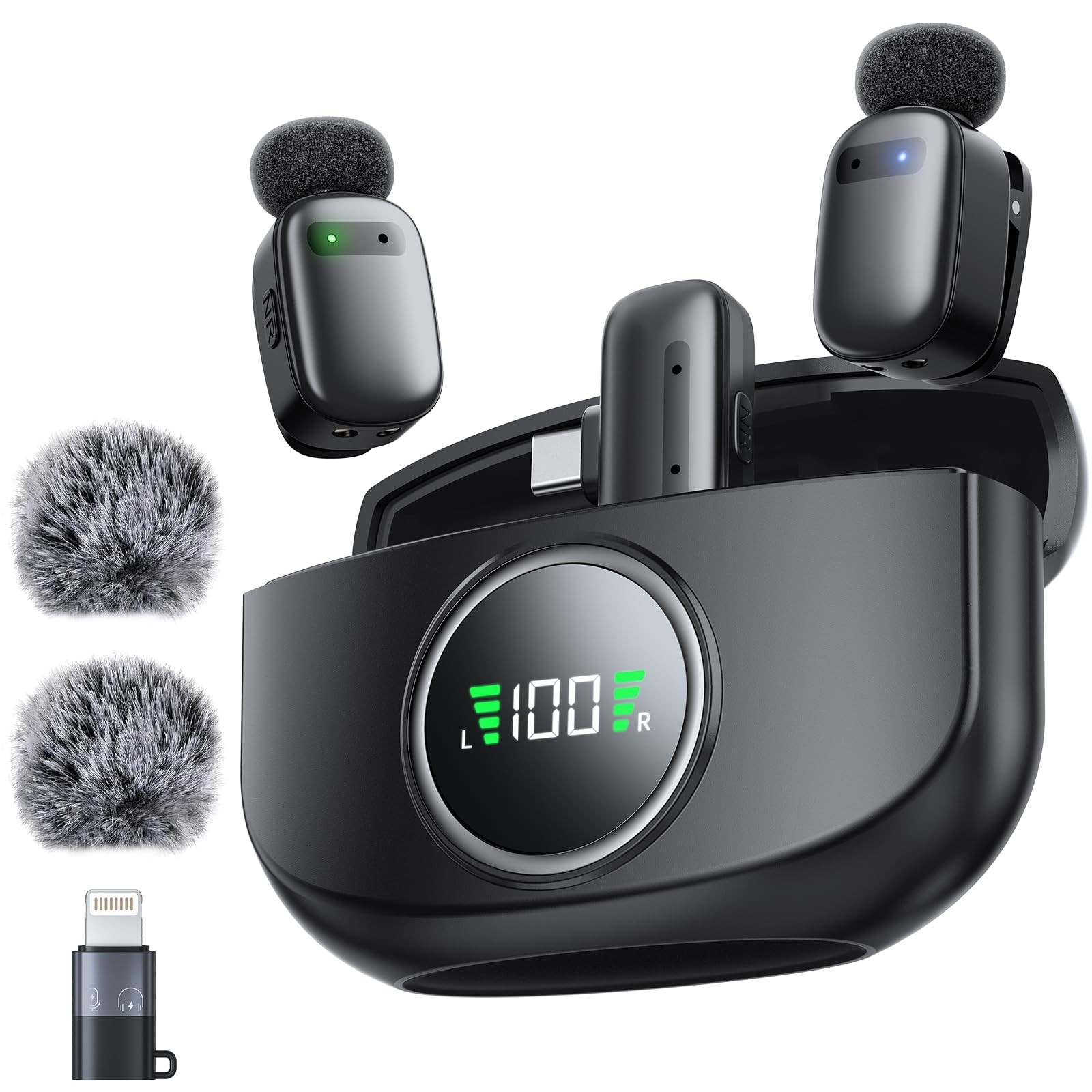 Wireless Mini Lavalier Microphone for iPhone & Android, Dual Clip-On Black