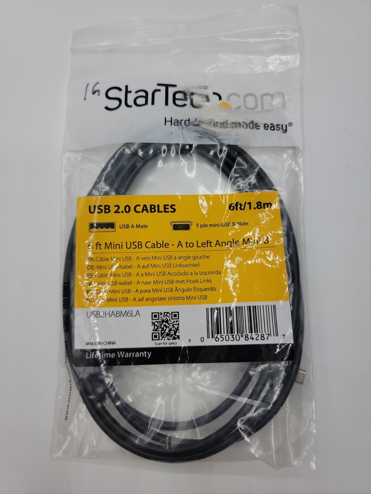 StarTech USB2HABM6LA 6ft Mini USB Cable A to Left Angle Mini B HTF NOS