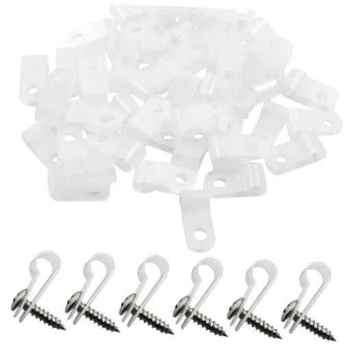 White Nylon Cable Clips, 50-Pack | R-Type Clamp Kit, Nylon Screw 6.4mm