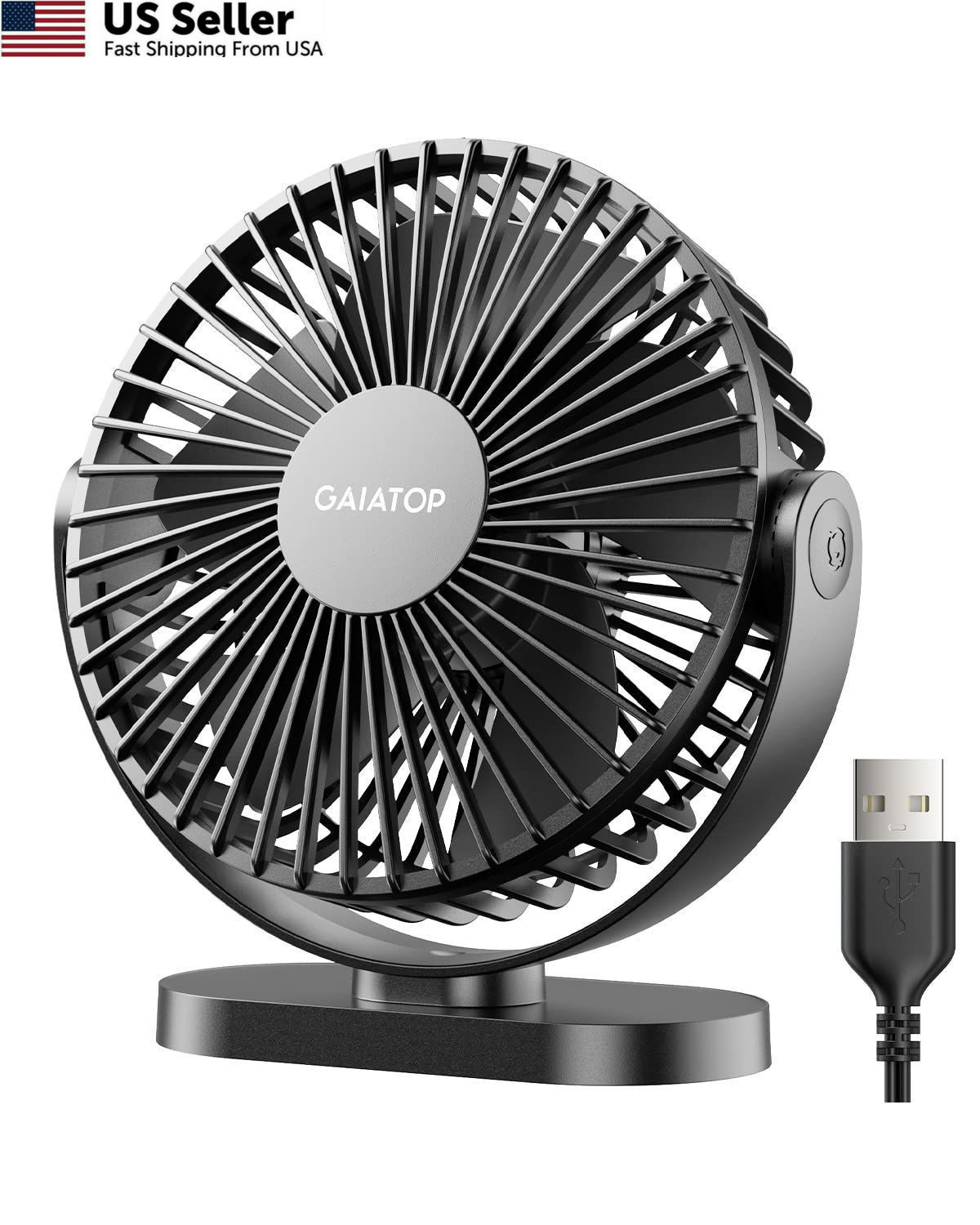 Gaiatop USB Desk Fan, 5.5 Inch Small Quiet Powerful 3 Speeds 90° Small, Black