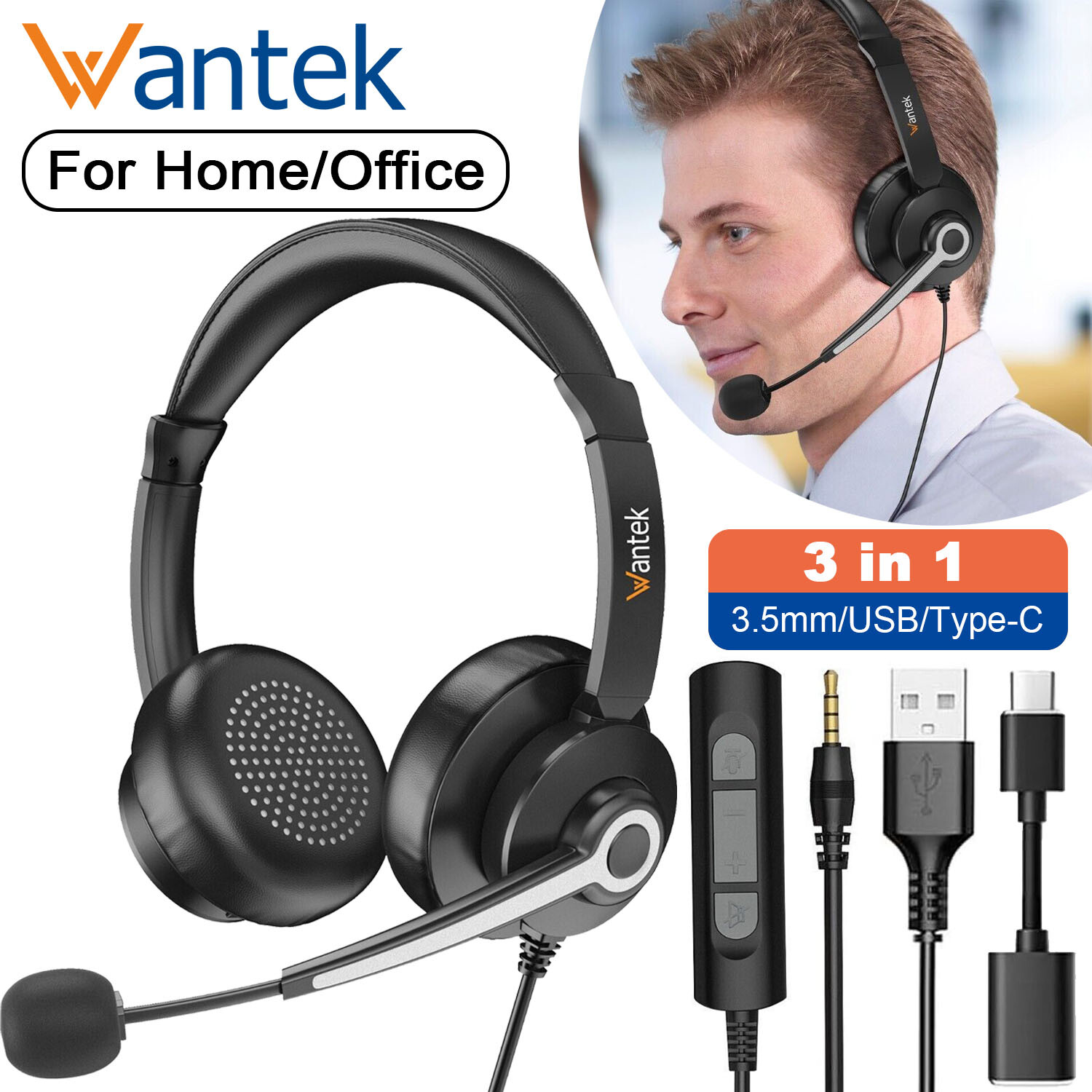 Wired Earphone 3.5mm/USB/Type-C with Microphone HD Voice Headset for PC/Phone