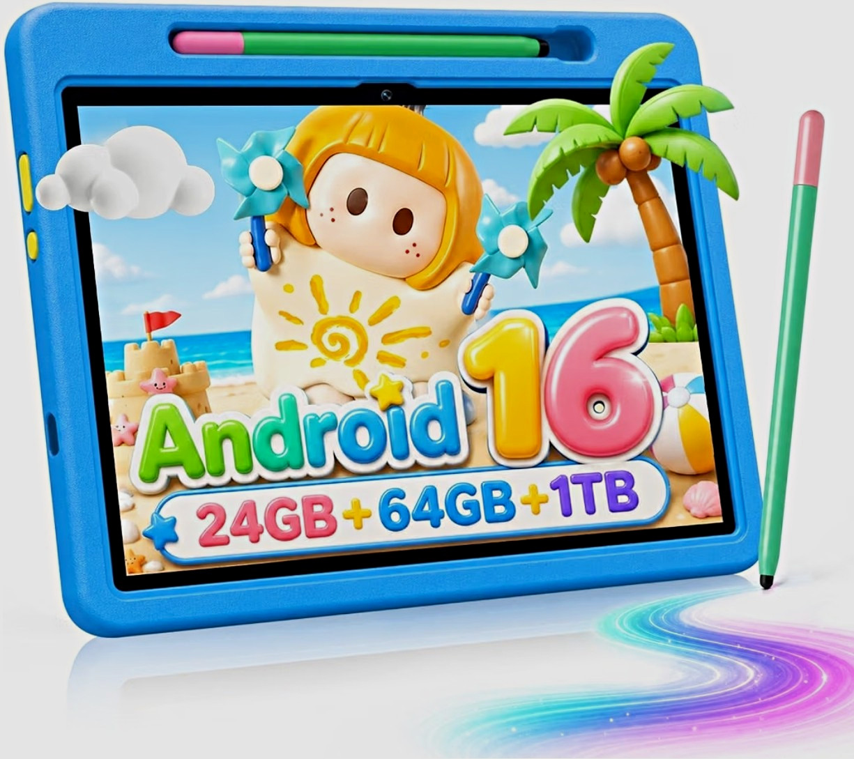 Kids Tablet Blue Android 16 10in IPS 24GB RAM 6000mAh Bluetooth 5.4 With Stylus