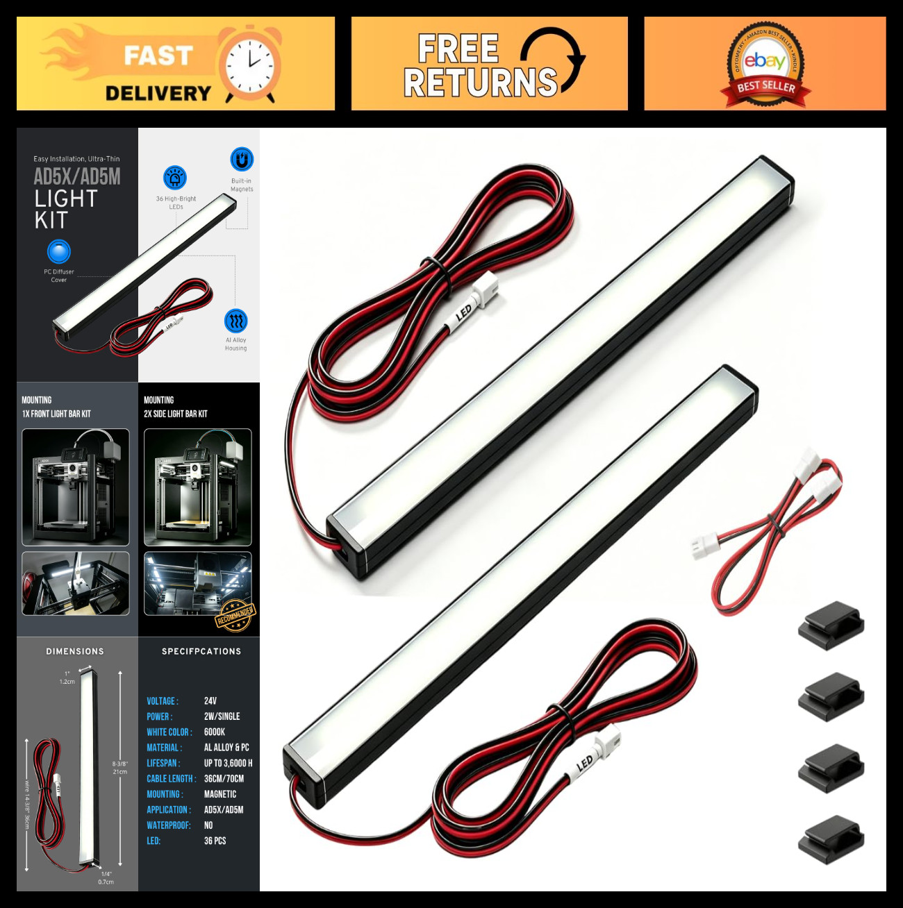 Magnetic LED Light Kit for 3D Printers - 2 Set, Compatible with Flashforge AD5X/