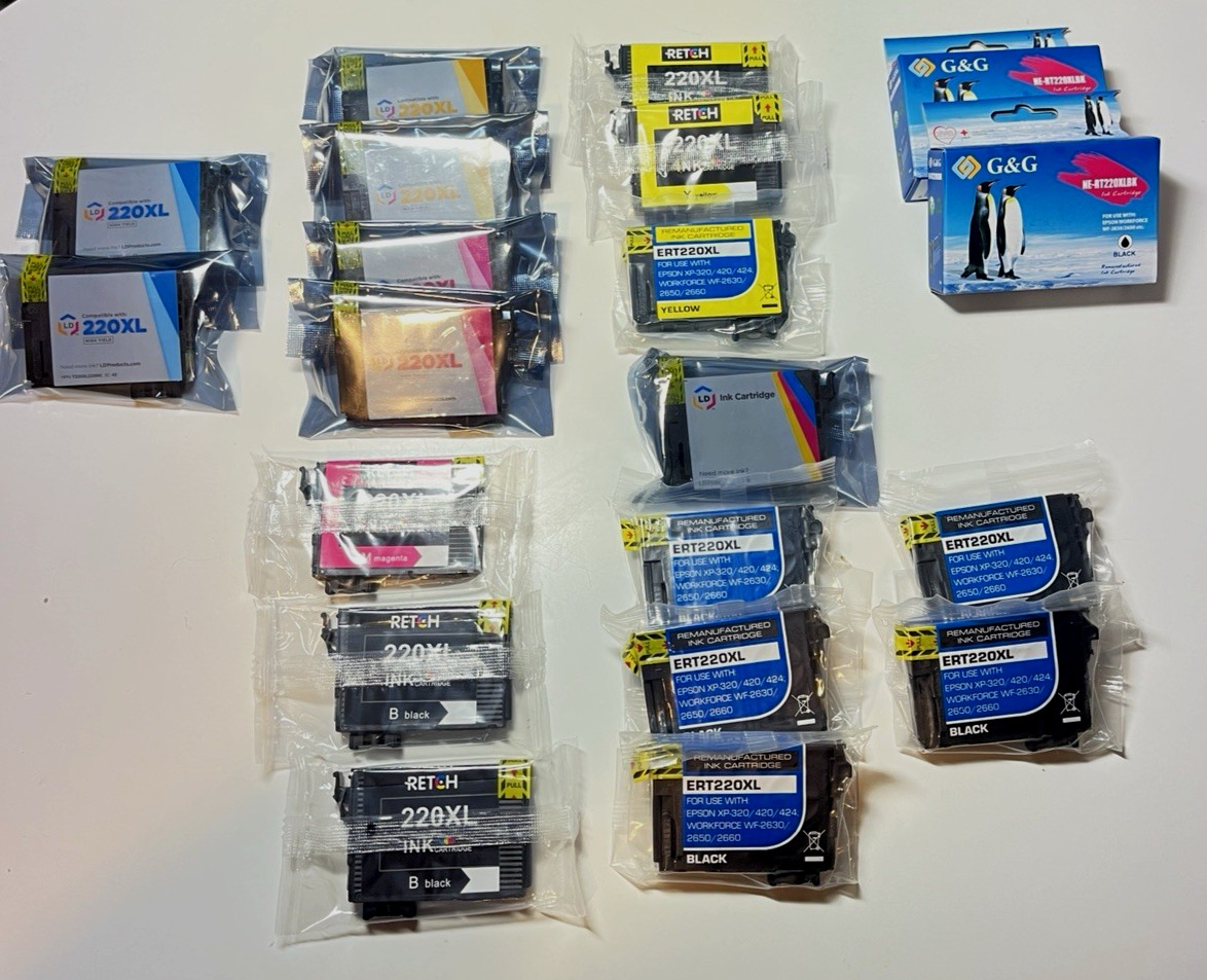 Assorted Epson Compatible 220XL Ink Cartridges 20 total, Black and Color New