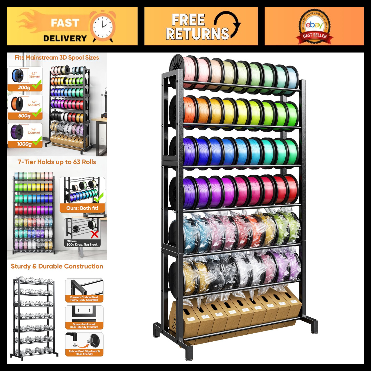 7-Tier 3D Printer Filament Storage Rack, Multi-Layer Organizer for Filament Roll