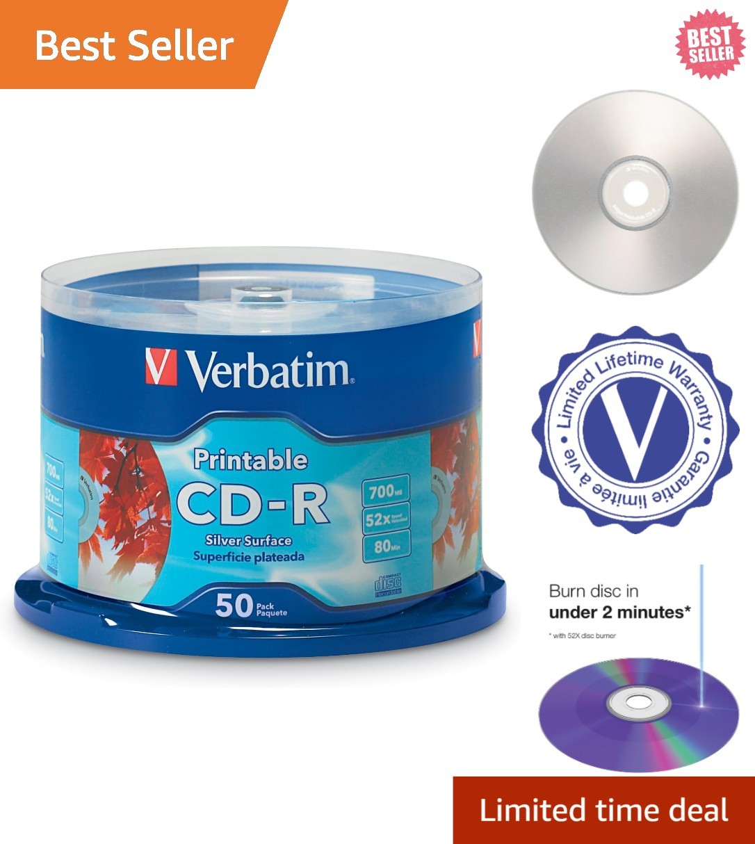 50pk Silver Inkjet CD-R Blank Discs 700MB - Perfect for Personalizing
