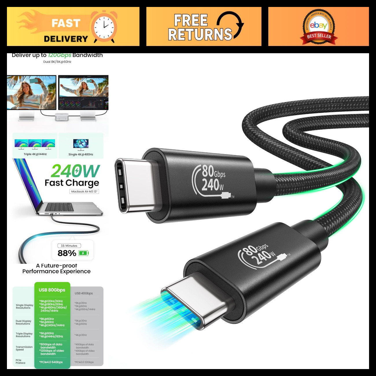 80Gbps Thunderbolt 5 Cable 6FT - High-Speed Data Transfer, Compatible with Devic