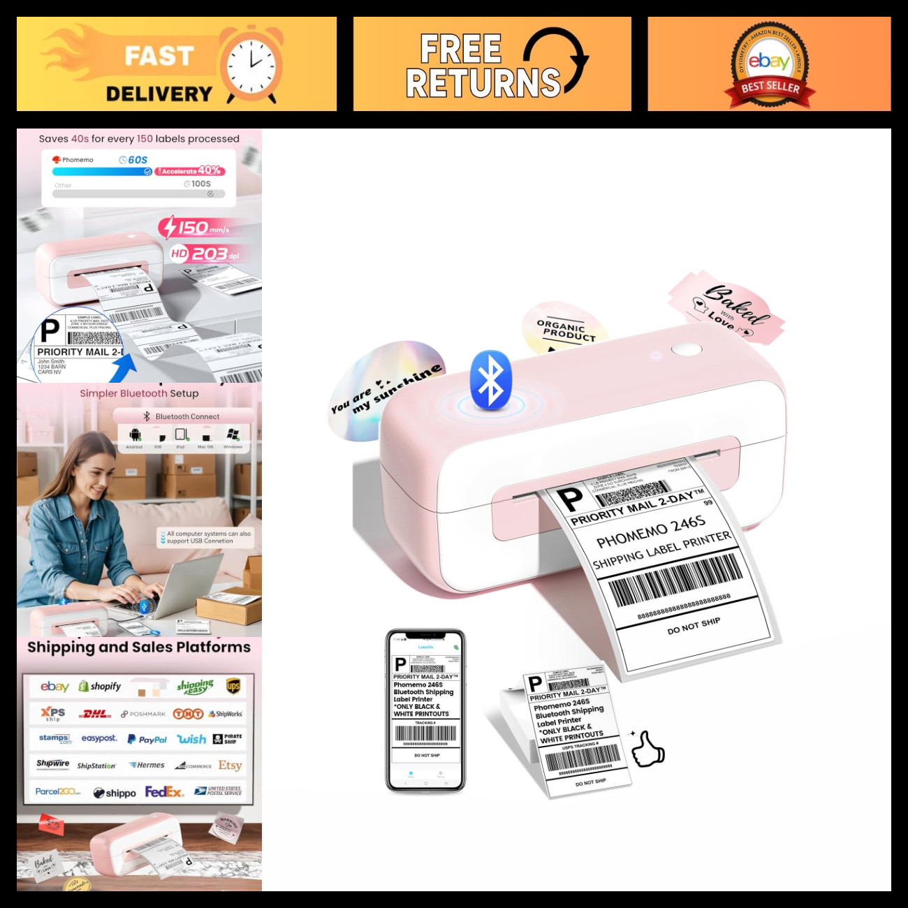 Compact Bluetooth Thermal Shipping Label Printer - 4x6, Pink, Easy Setup, Fast P