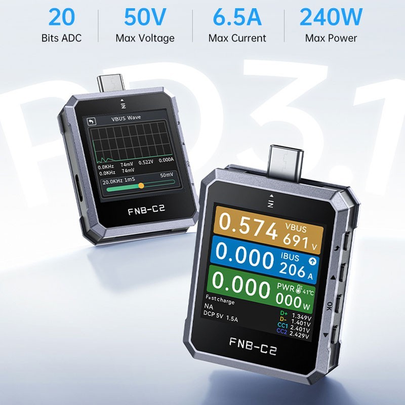FNIRSI FNB-C2 PD3.1 USB-C Tester 4-50V EPR48V Integrated Fast Charging UFCS