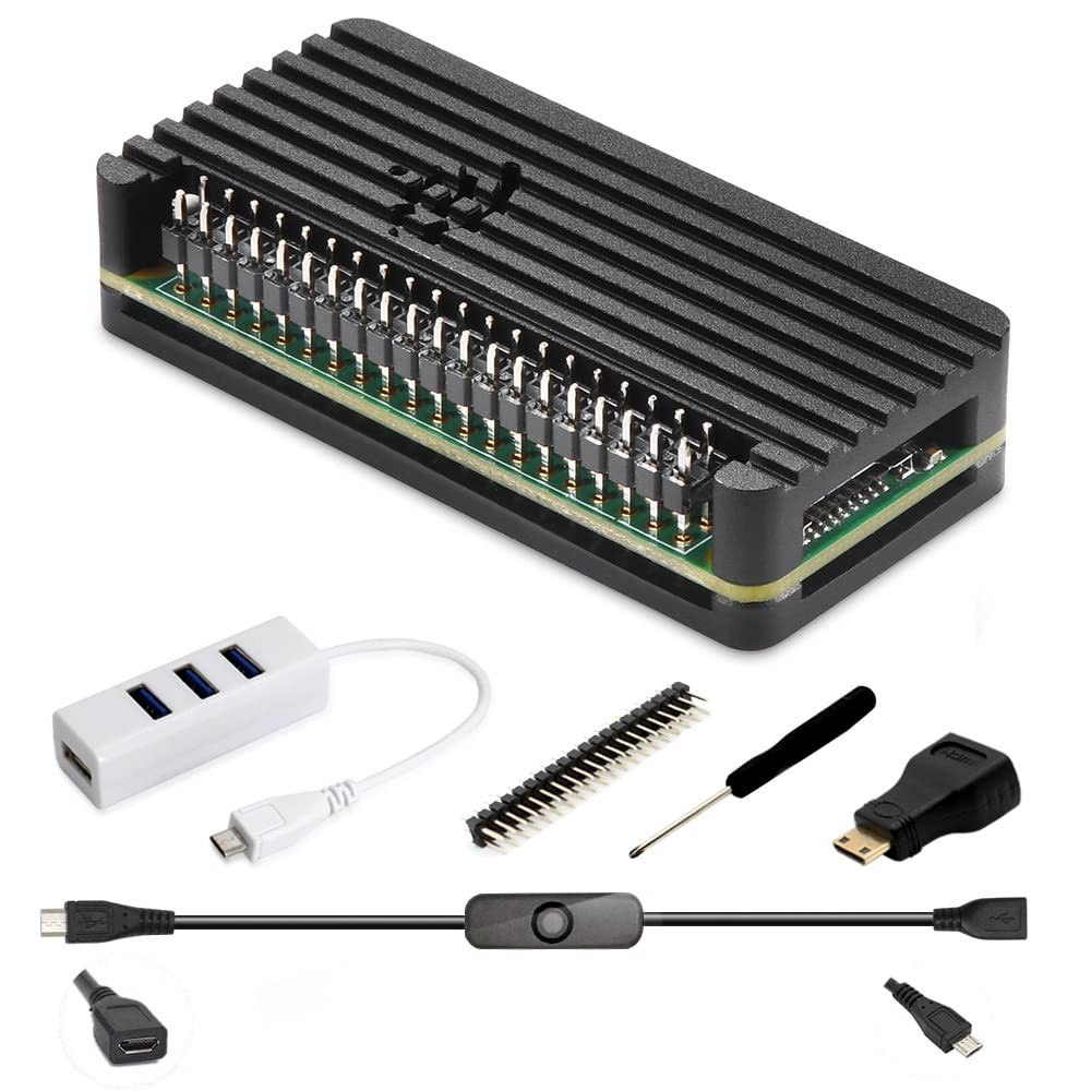 iUniker Pi Zero Aluminum Case Kit with Pin Header, OTG Hub, HDMI Black