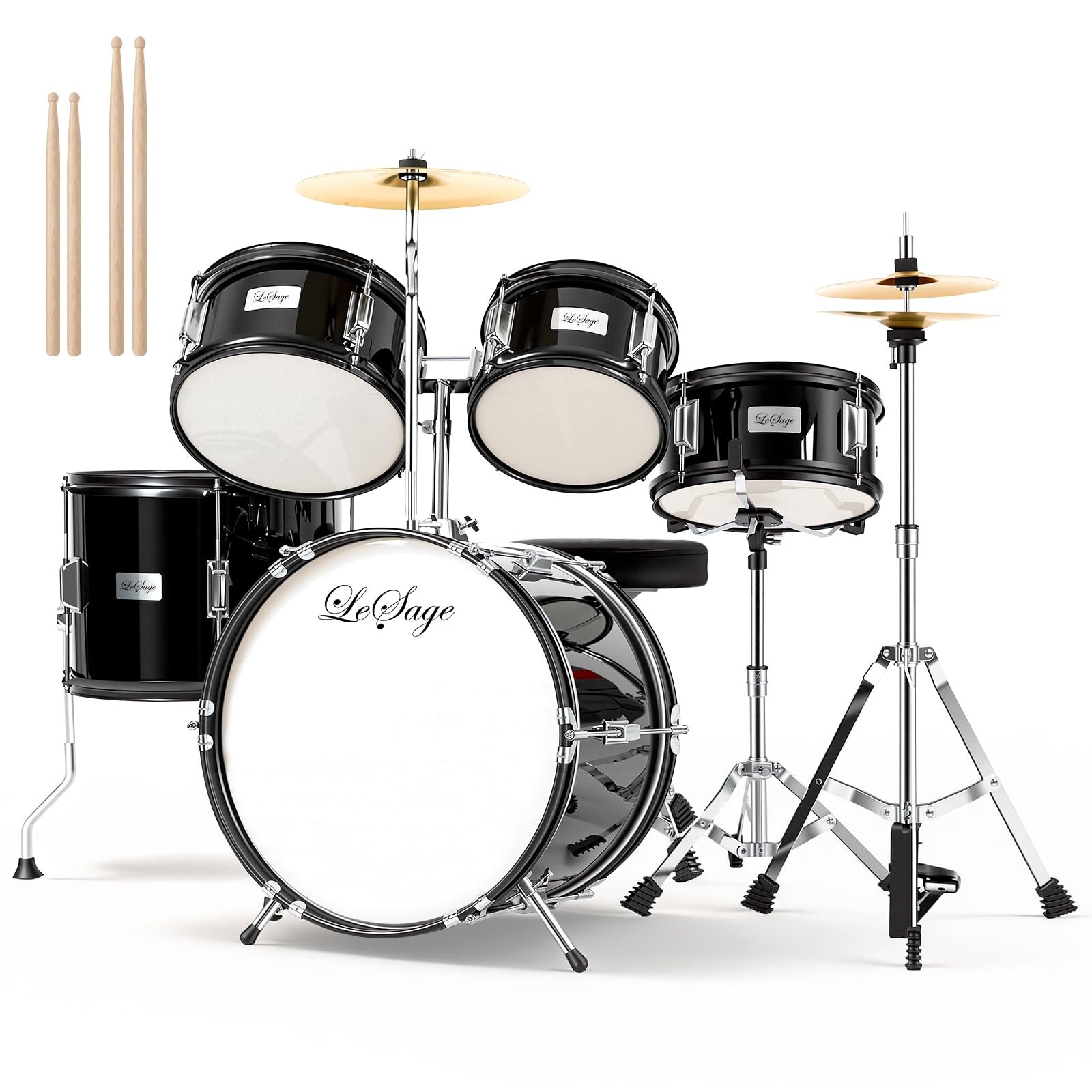 5 Piece 16 Inch Beginner Drum Set Complete Black Percussion Kit