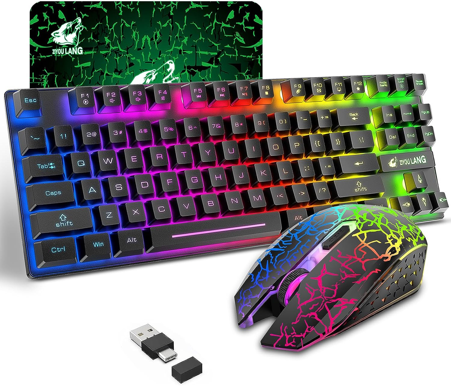 Wireless Membrane Gaming Keyboard and Mouse Set with 87Key Tenkeyless-Black
