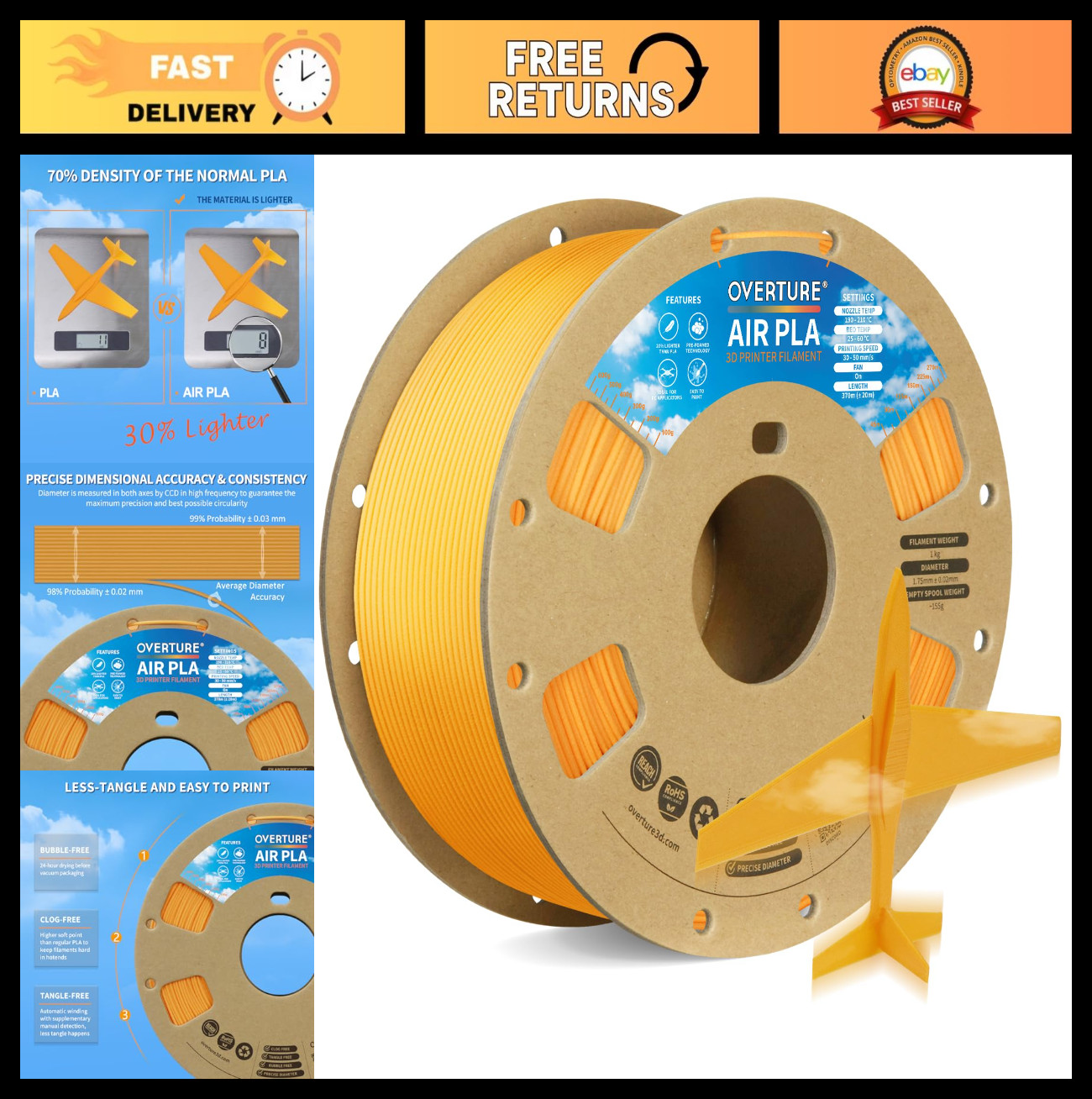 Lightweight Low-Density PLA Filament 0.82kg, Pre-Foamed, Cardboard Spool, Air Or