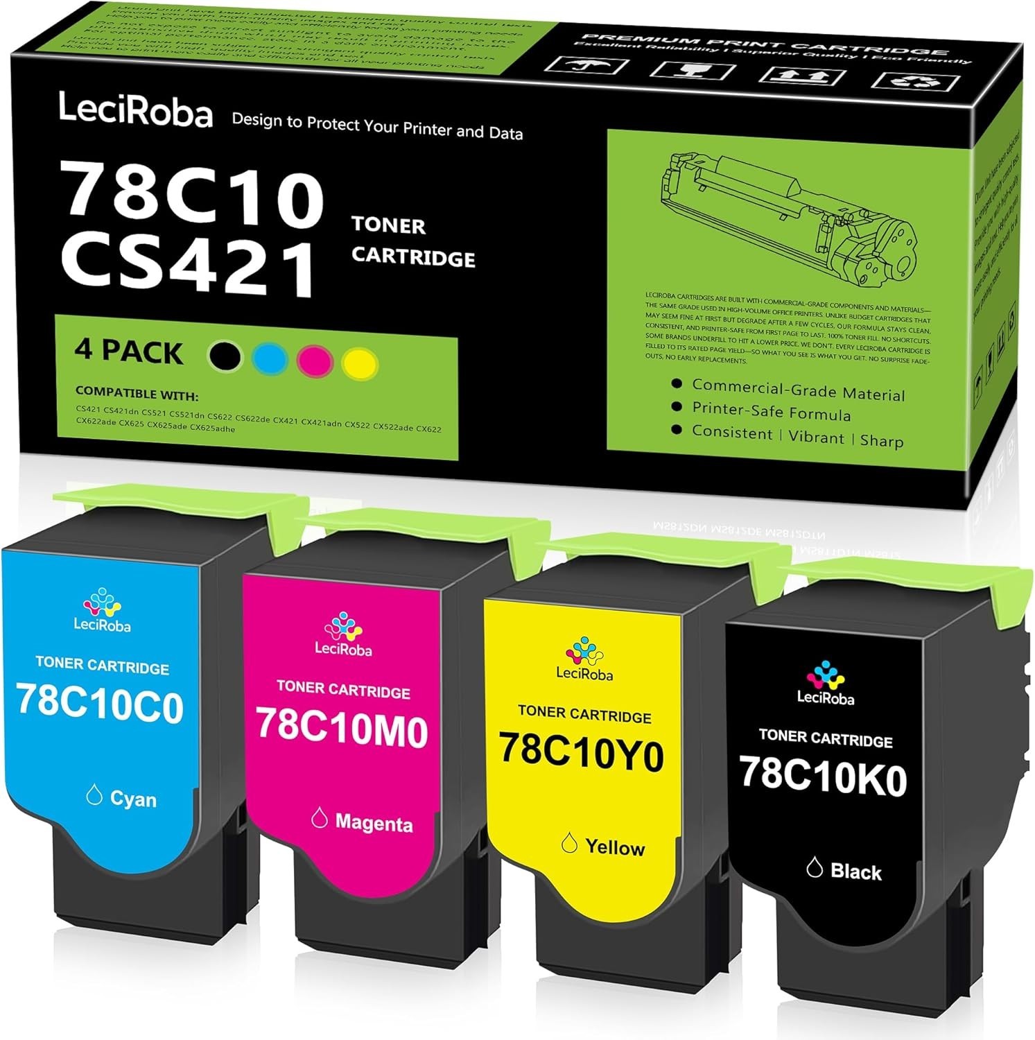 Compatible w/ Lexmark 78C10 Toner Set 4 Pack for CS421 CS521 CS622 CX421 CX625