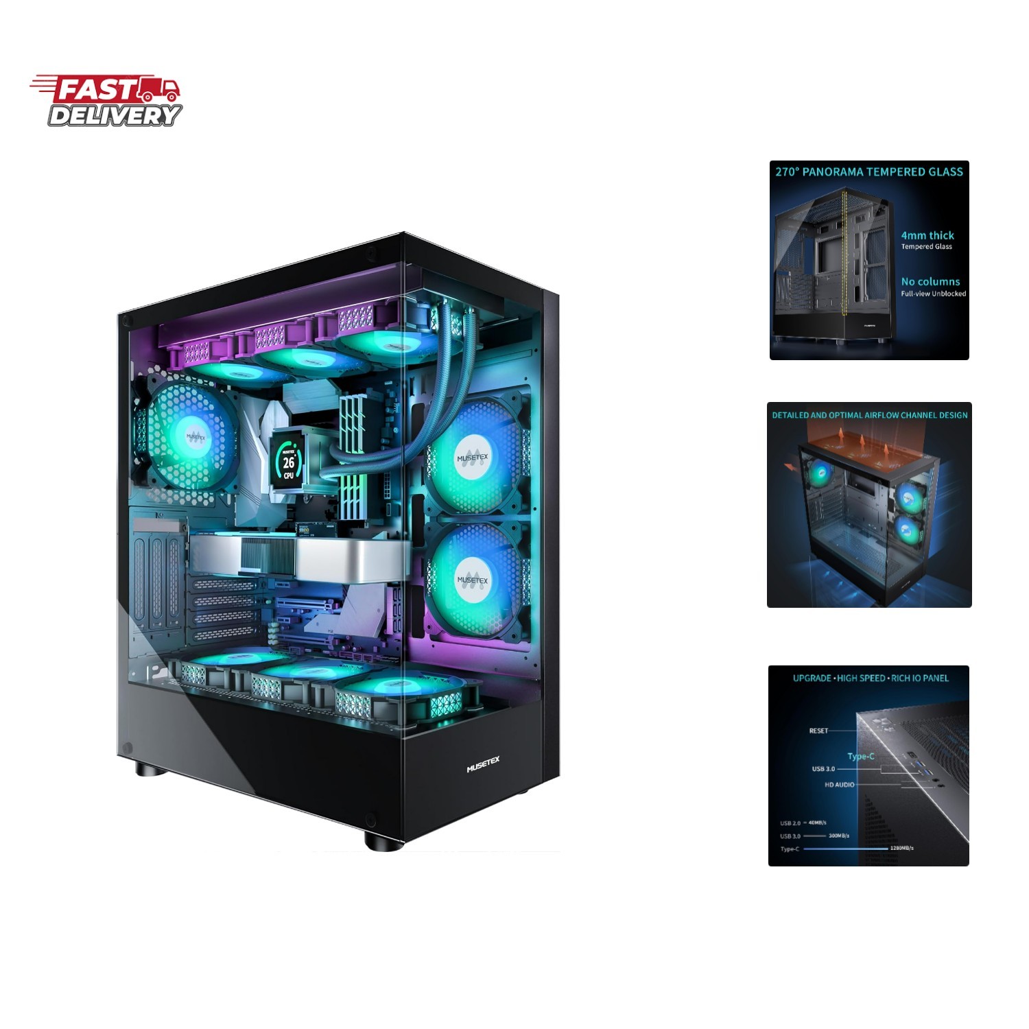 PC CASE ATX 6 PWM ARGB Fans Pre-Installed, Type-C Mid Tower Computer Case wit...