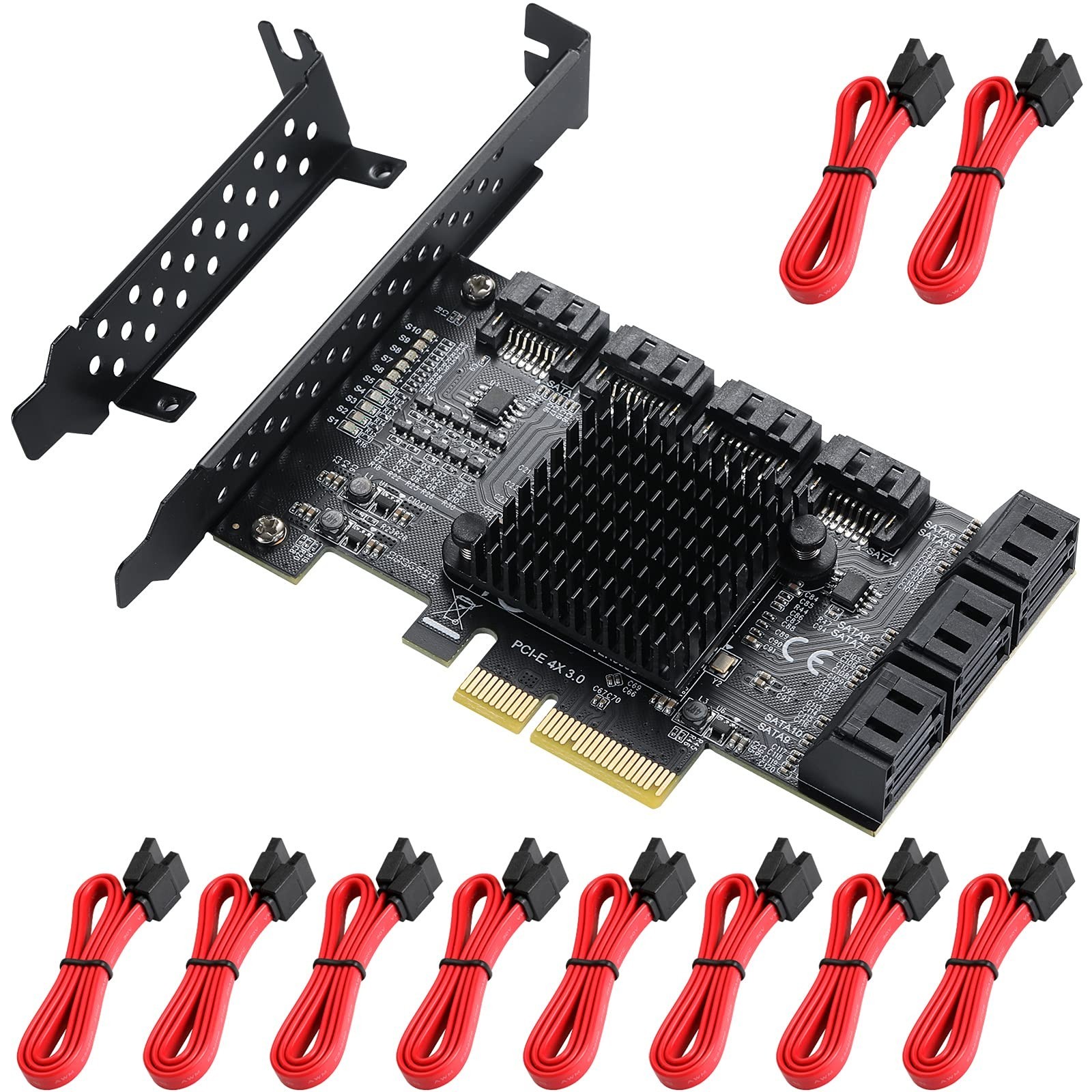 10-Port PCIe SATA Controller Card with 10 Cables & Low Profile Bracket - 6Gbps 3