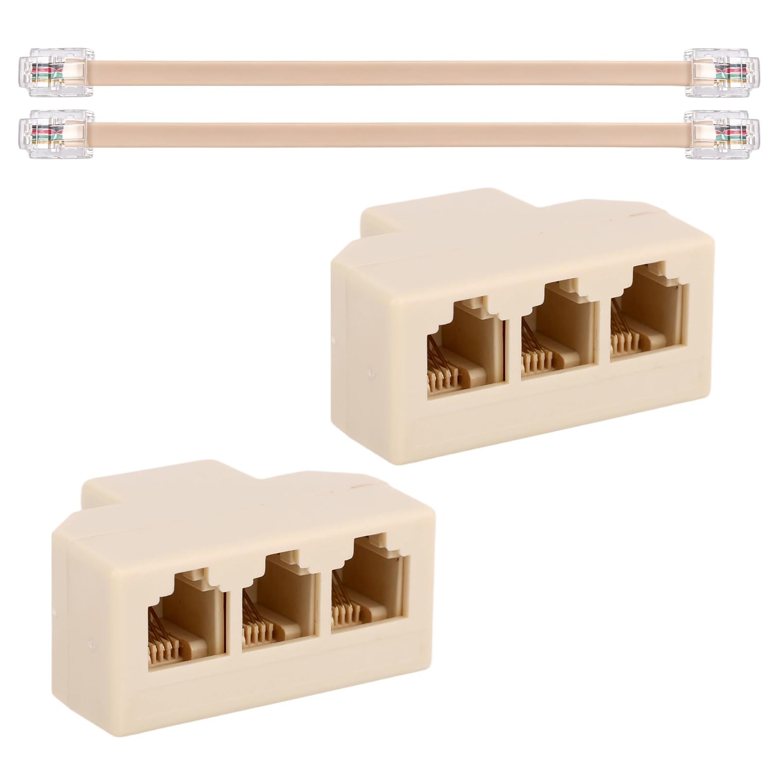2 PCS 3Way Phone Line Splitter Detachable Cable RJ11 6P4C Female Beige