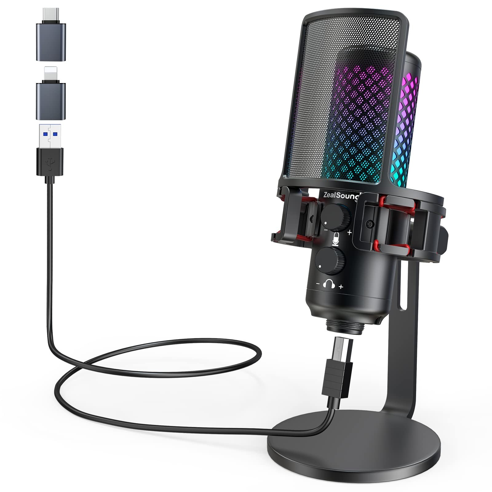 USB Microphone for iPhone iPad Android PC RGB Mic w/ Mute Gain Real-Time