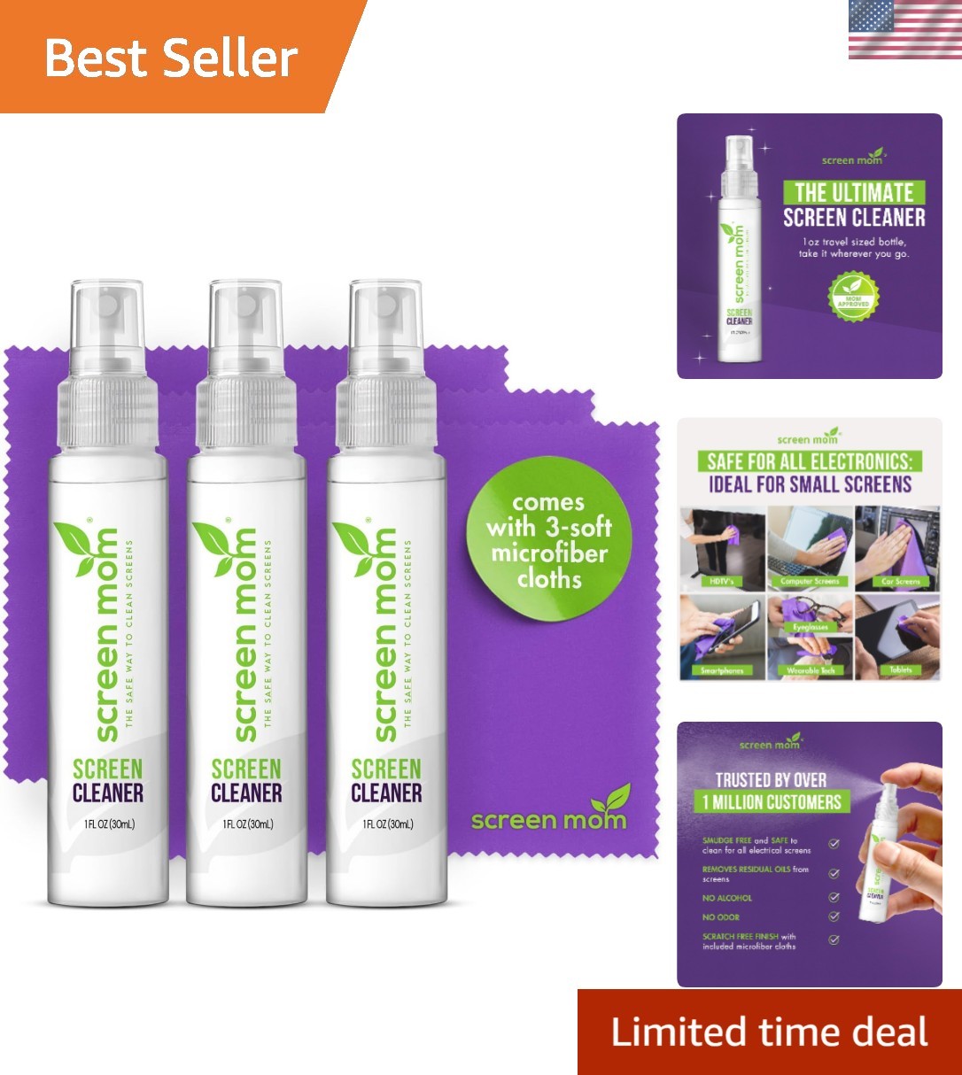 Professional-Grade Screen Cleaner Kit: 3 x 1oz Spray & Cloths for Home & Travel