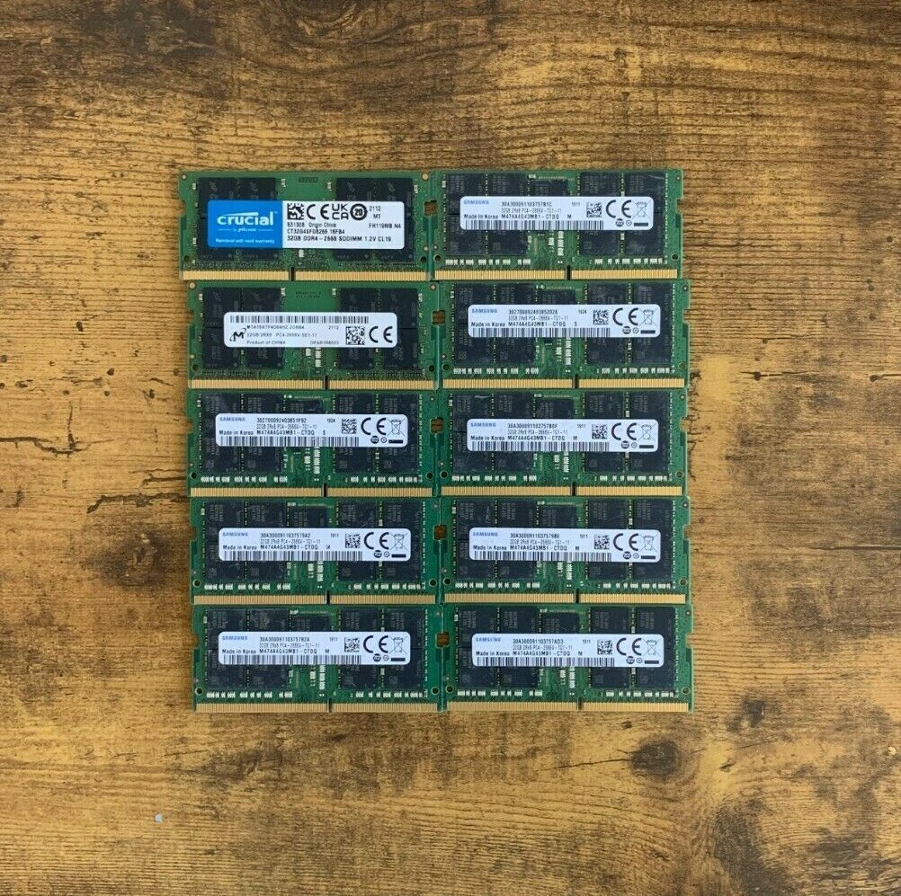 [ BULK LOT OF 10 ] 32GB DDR4 PC4 LAPTOP RAM SAMSUNG, CRUCIAL, MICRON, PATRIOT