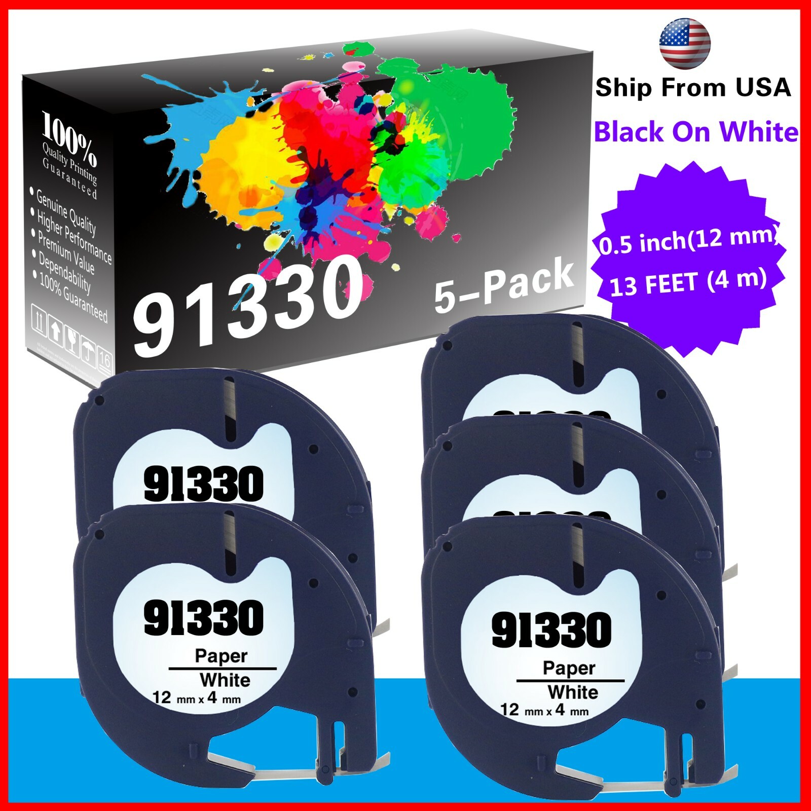 5 PK 91330 Label Tape Compatible for Dymo LetraTag LT-110T LT-100T QX 50