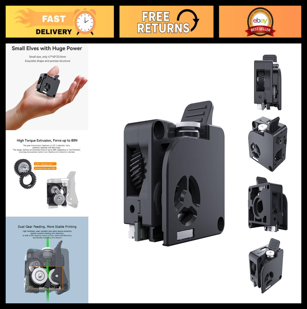Dual Gear Drive Extruder Kit for Creality 3D Printer - 6.25:1 Ratio, 80N Force,
