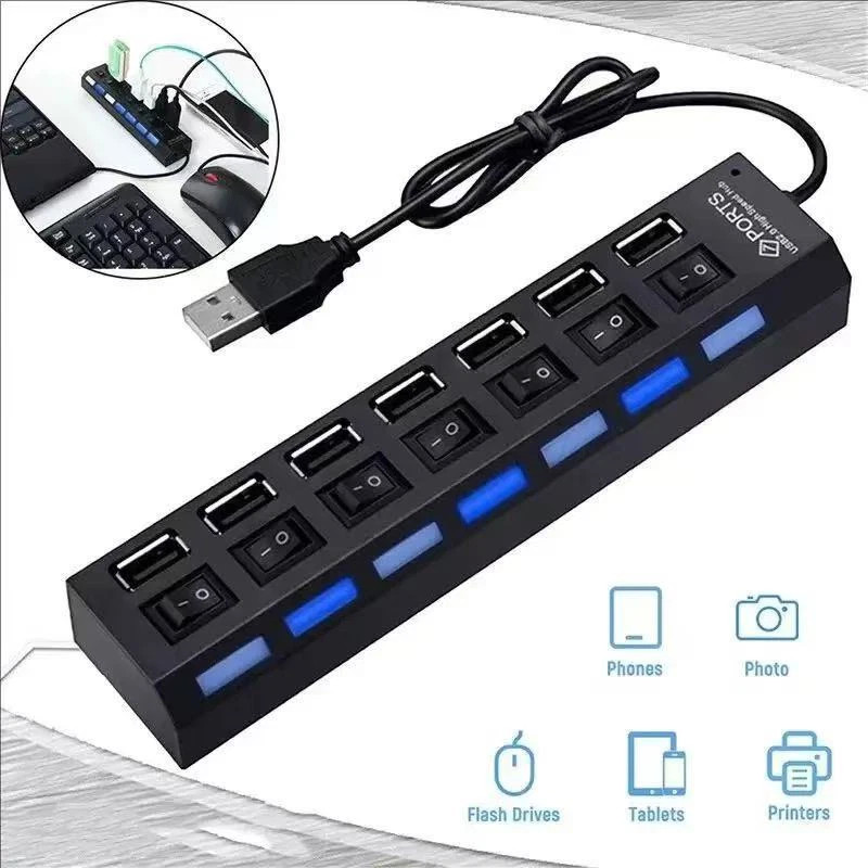 USB Hub 7 Port On/Off Switch High Speed Splitter AC Adapter Cable PC Laptop Lot